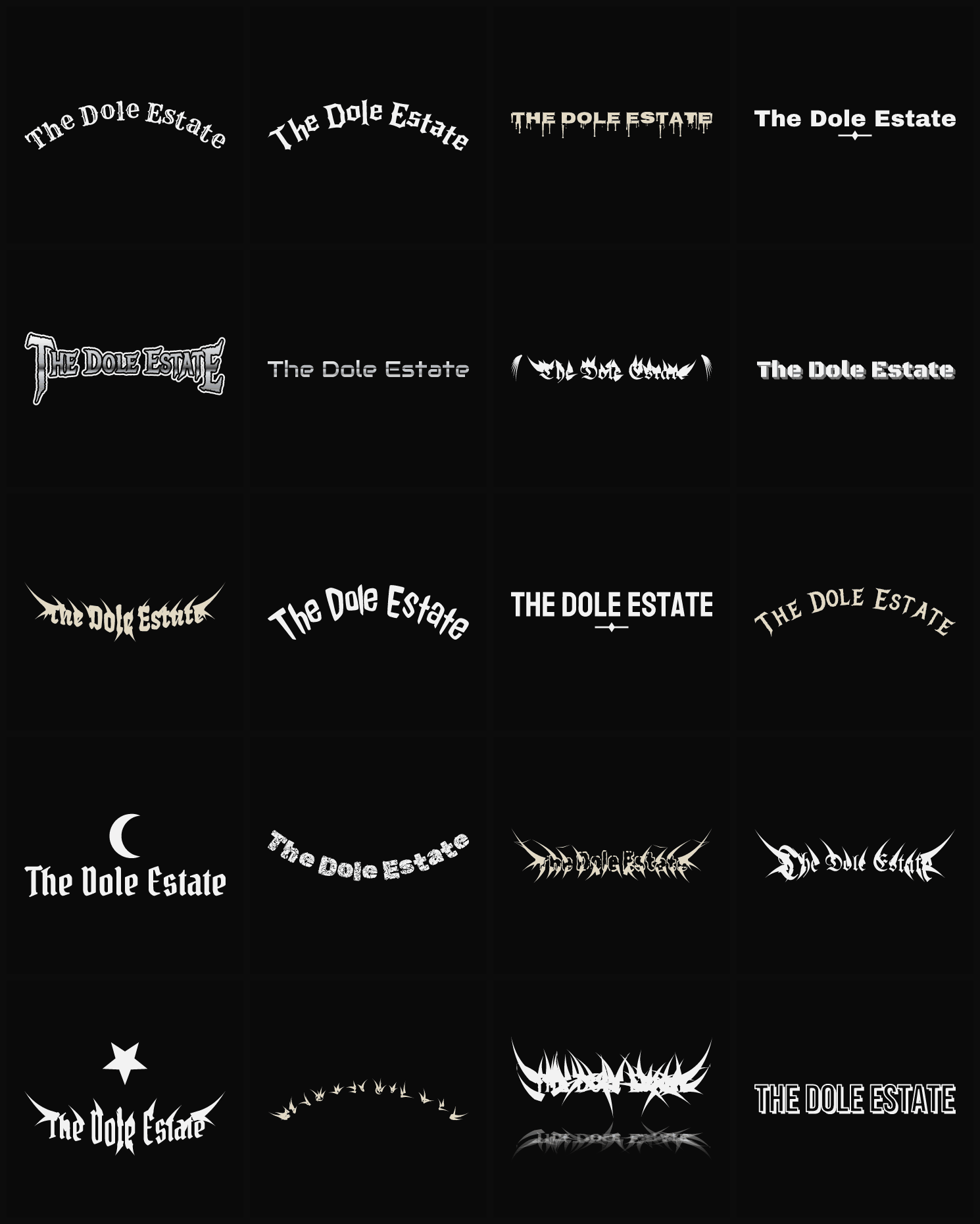 Twenty The Dole Estate band logo ideas — different faces, treatments and spike settings