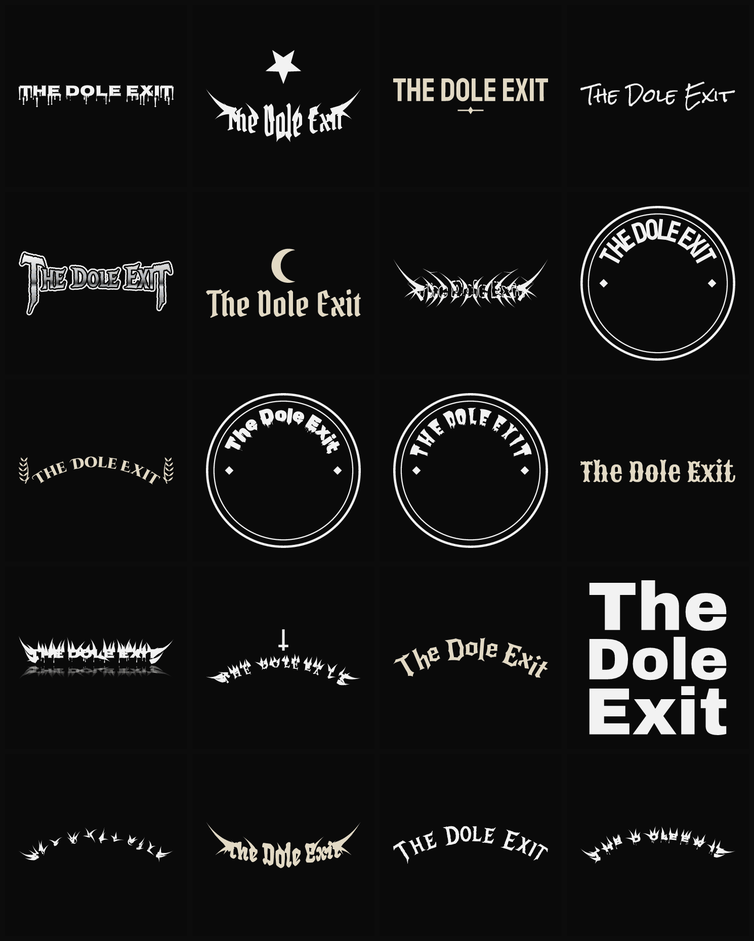 Twenty The Dole Exit band logo ideas — different faces, treatments and spike settings