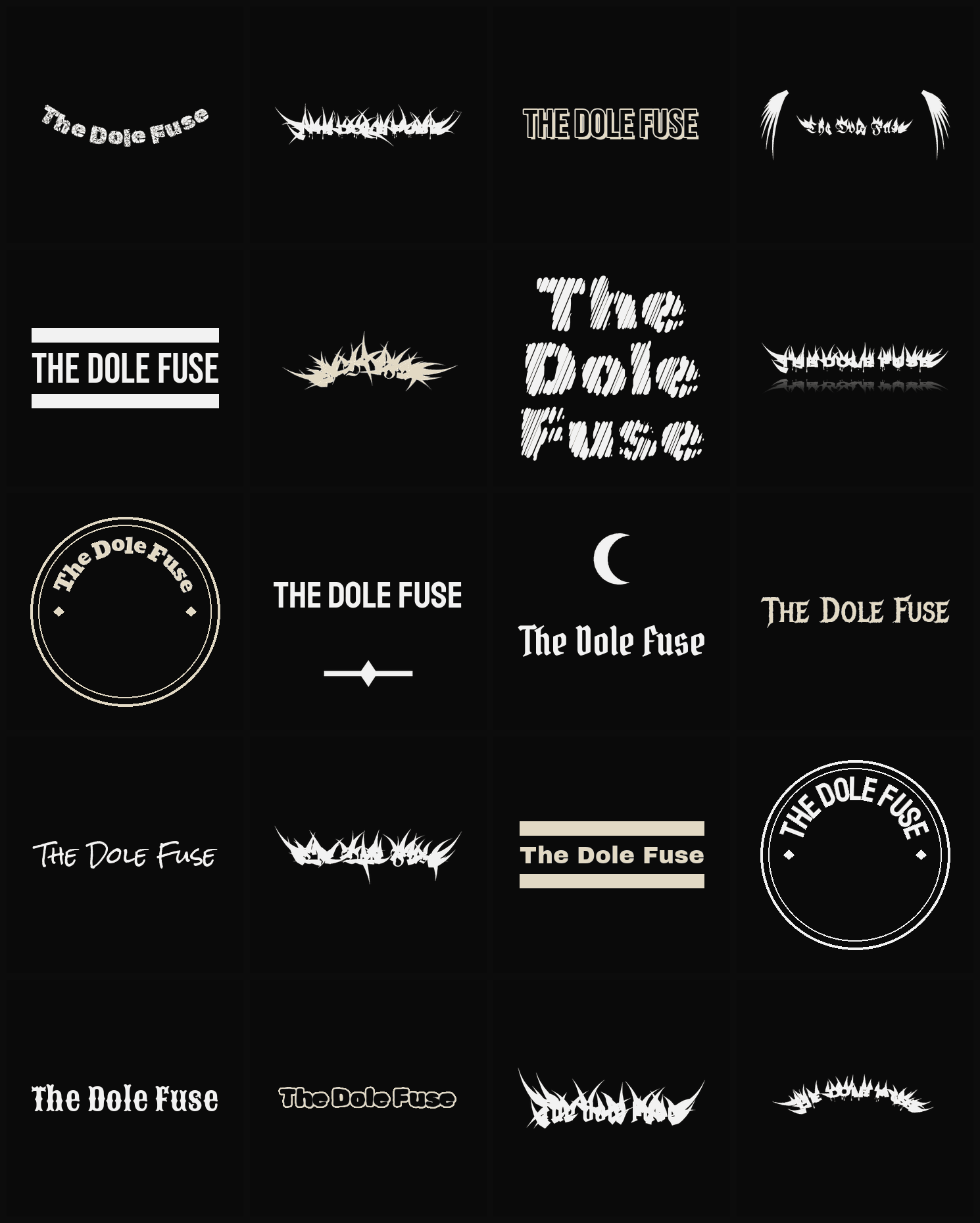 Twenty The Dole Fuse band logo ideas — different faces, treatments and spike settings