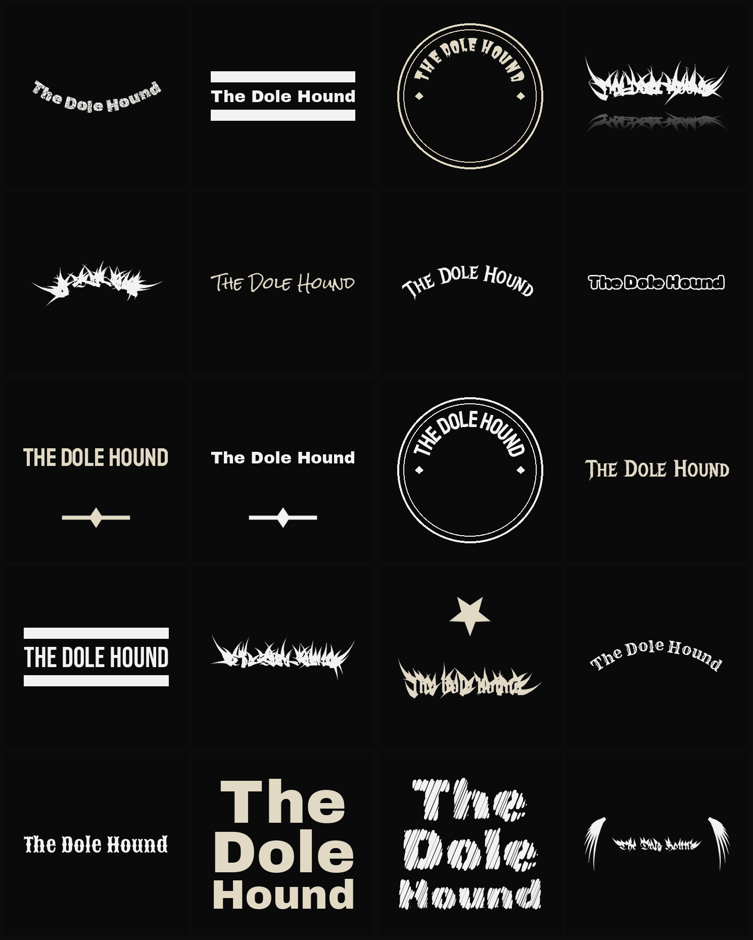 Twenty The Dole Hound band logo ideas — different faces, treatments and spike settings