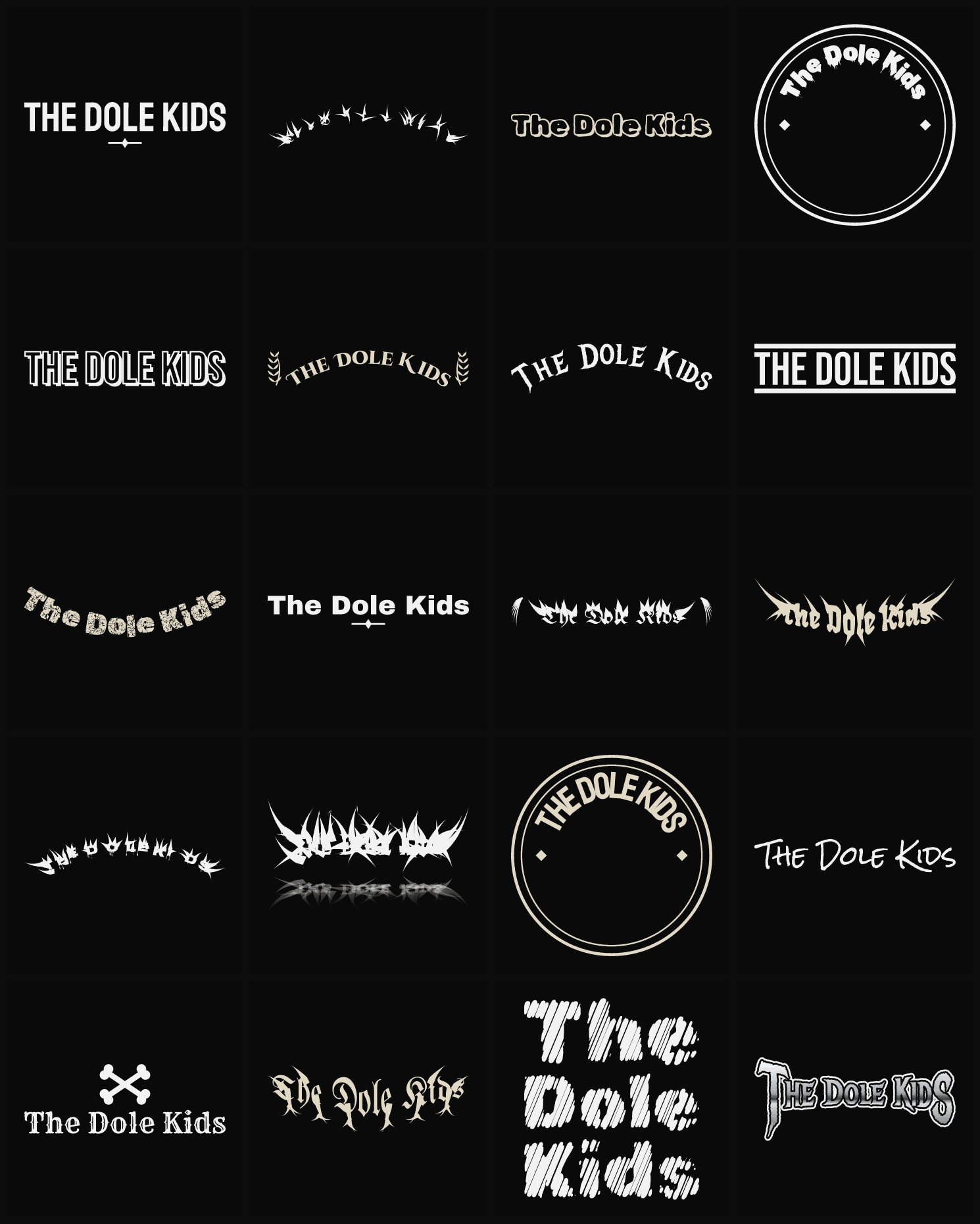 Twenty The Dole Kids band logo ideas — different faces, treatments and spike settings