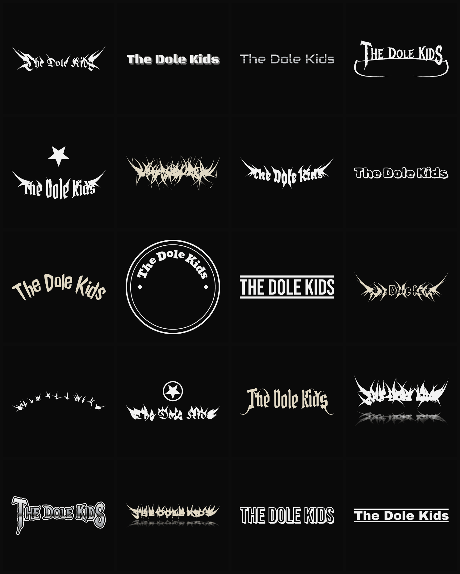 Twenty The Dole Kids band logo ideas — different faces, treatments and spike settings