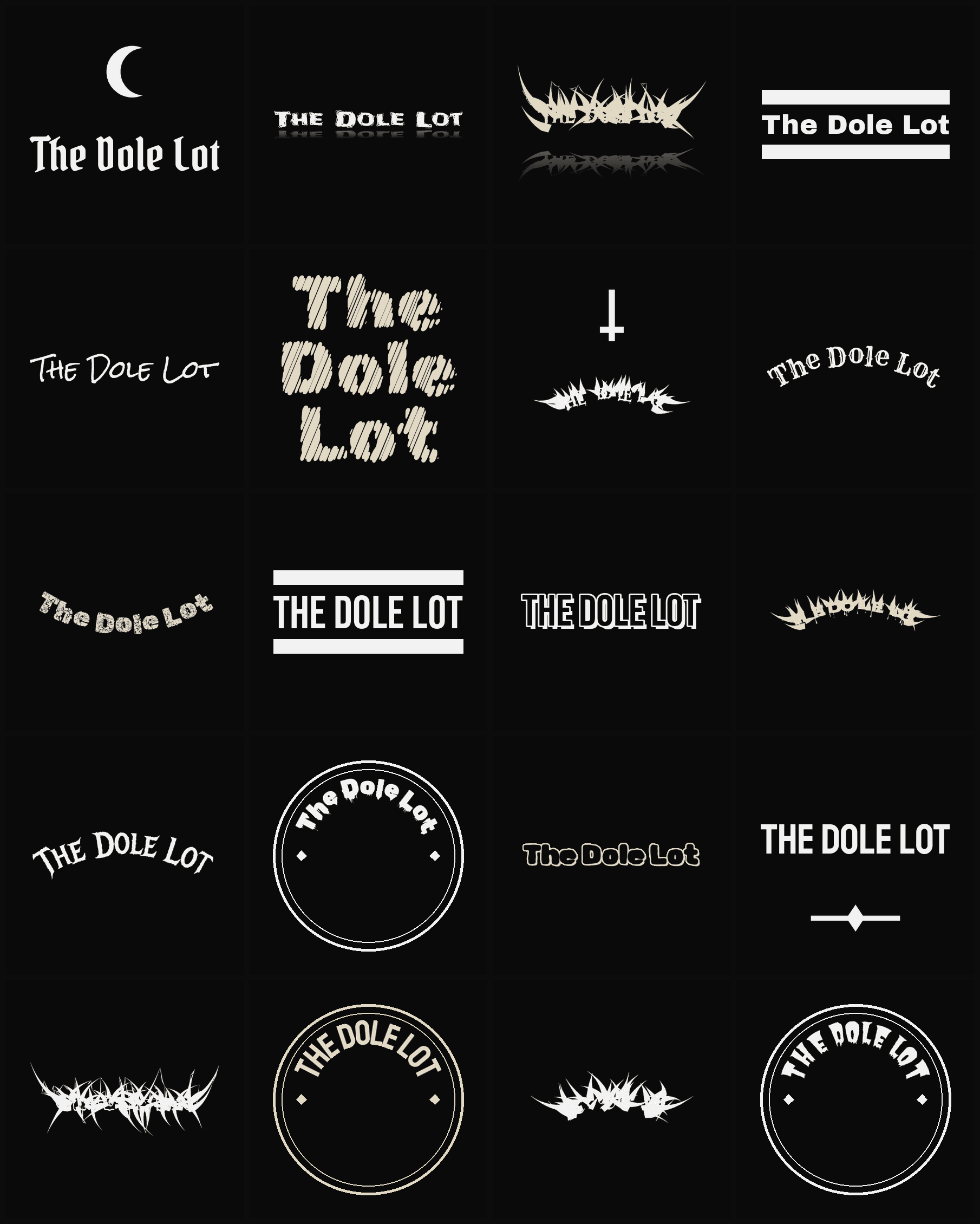 Twenty The Dole Lot band logo ideas — different faces, treatments and spike settings