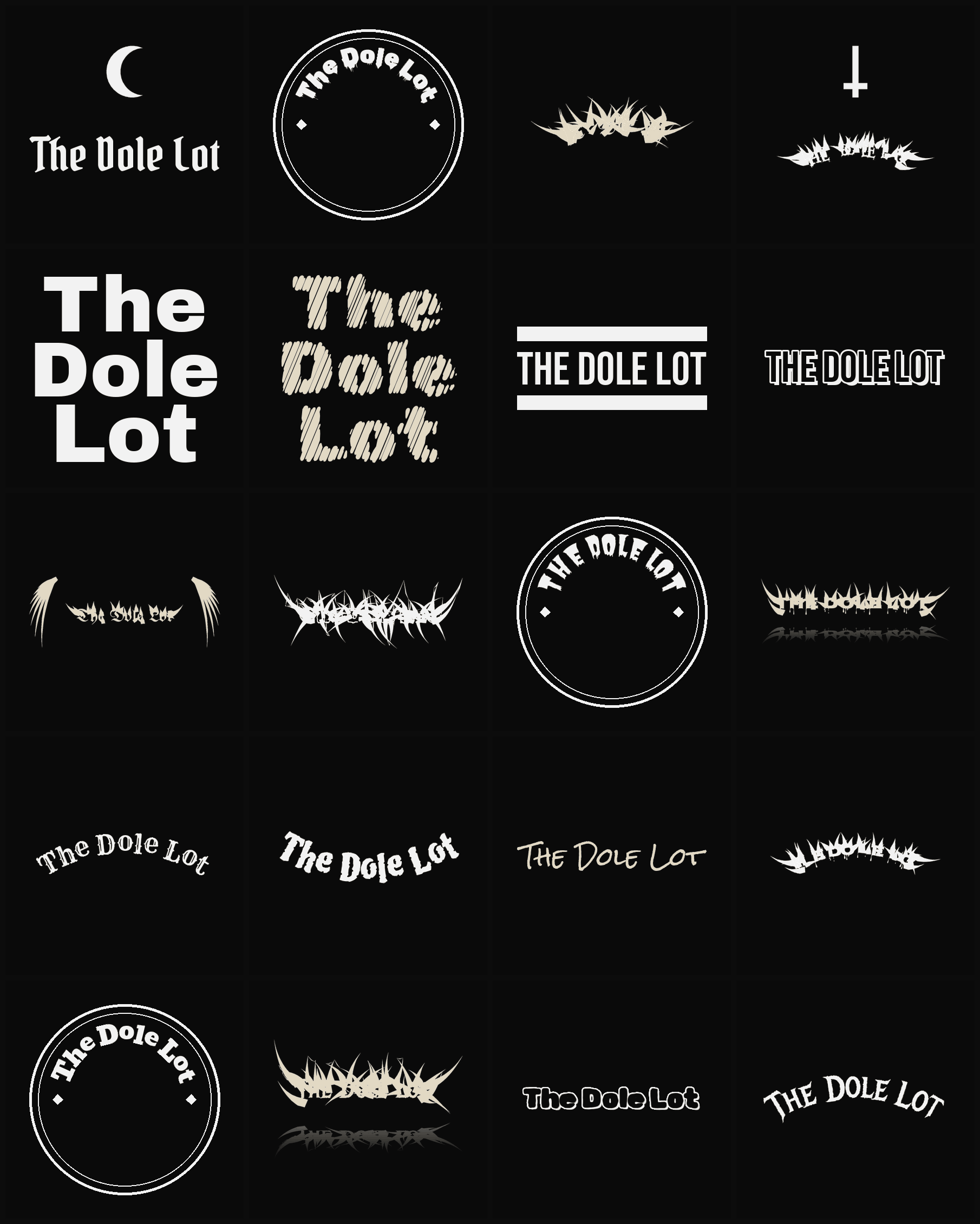 Twenty The Dole Lot band logo ideas — different faces, treatments and spike settings
