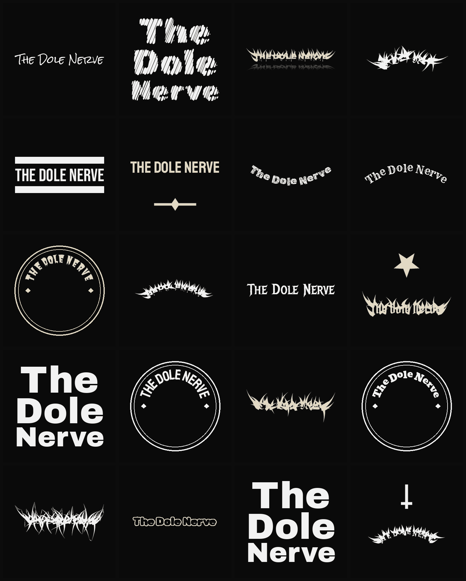 Twenty The Dole Nerve band logo ideas — different faces, treatments and spike settings