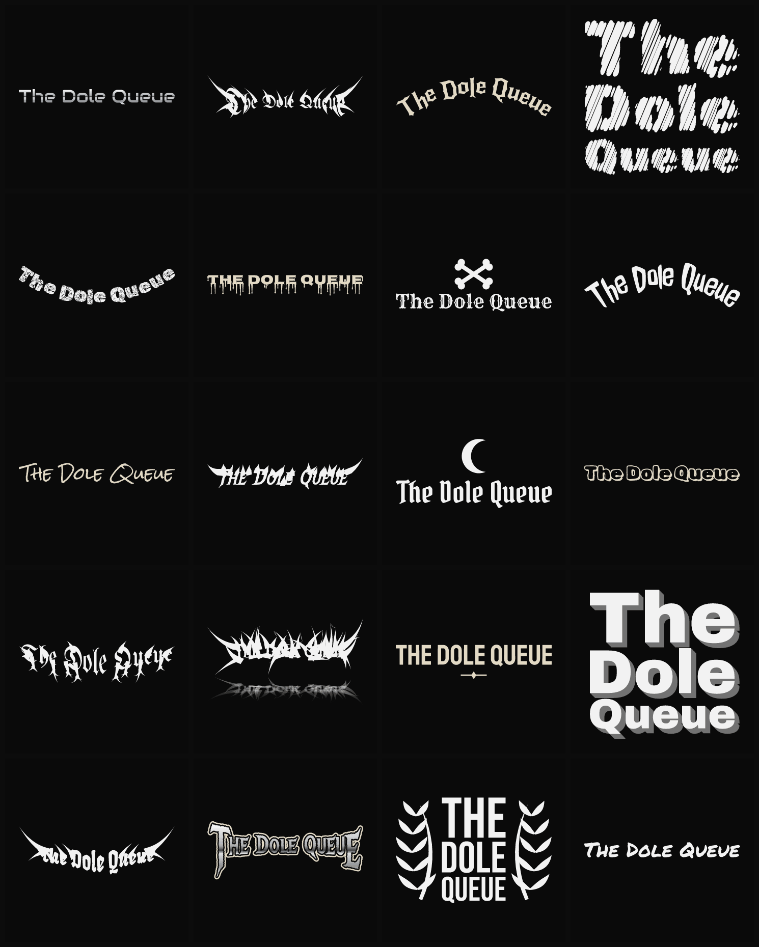 Twenty The Dole Queue band logo ideas — different faces, treatments and spike settings