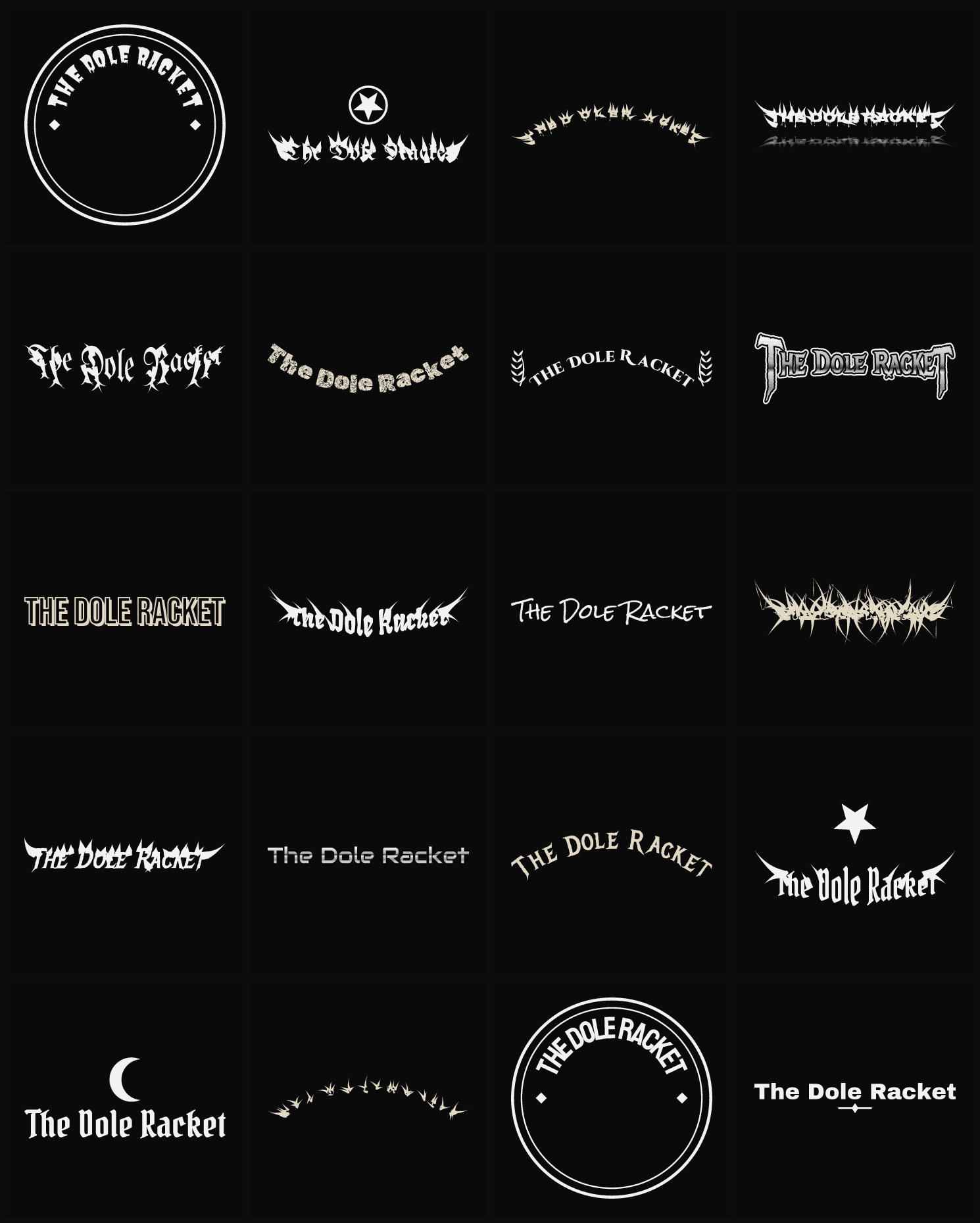 Twenty The Dole Racket band logo ideas — different faces, treatments and spike settings