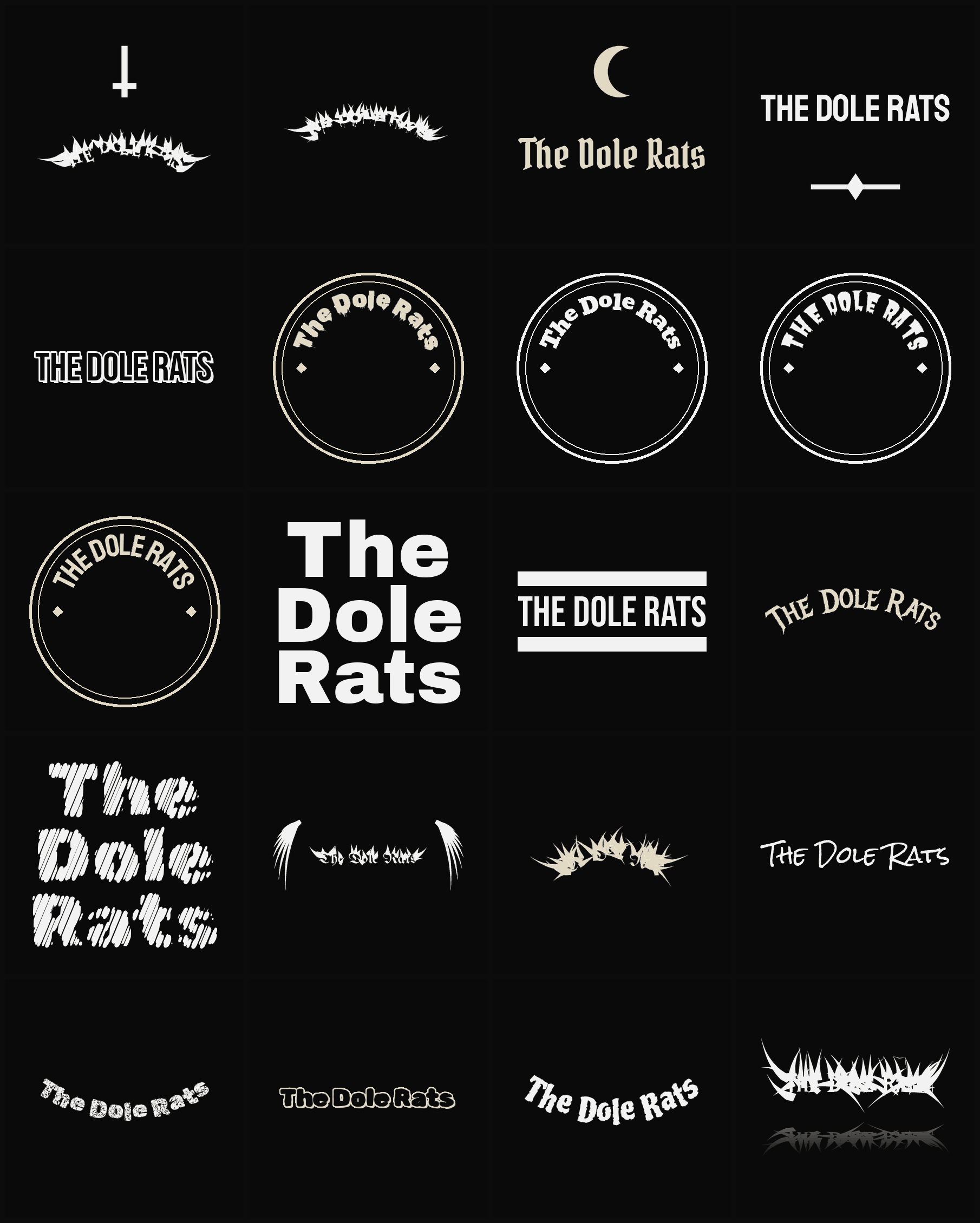 Twenty The Dole Rats band logo ideas — different faces, treatments and spike settings