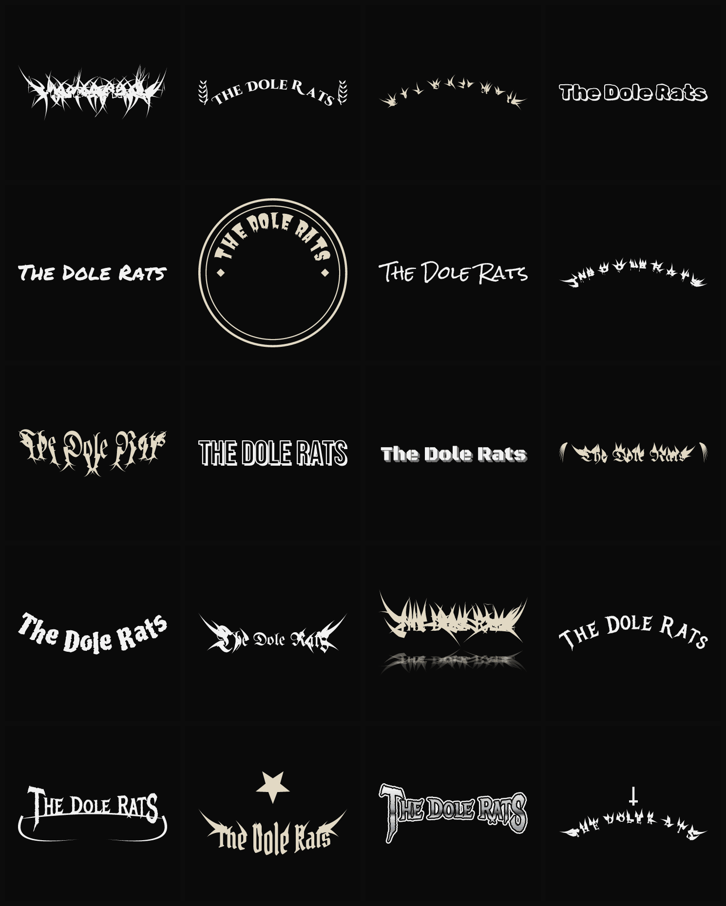Twenty The Dole Rats band logo ideas — different faces, treatments and spike settings