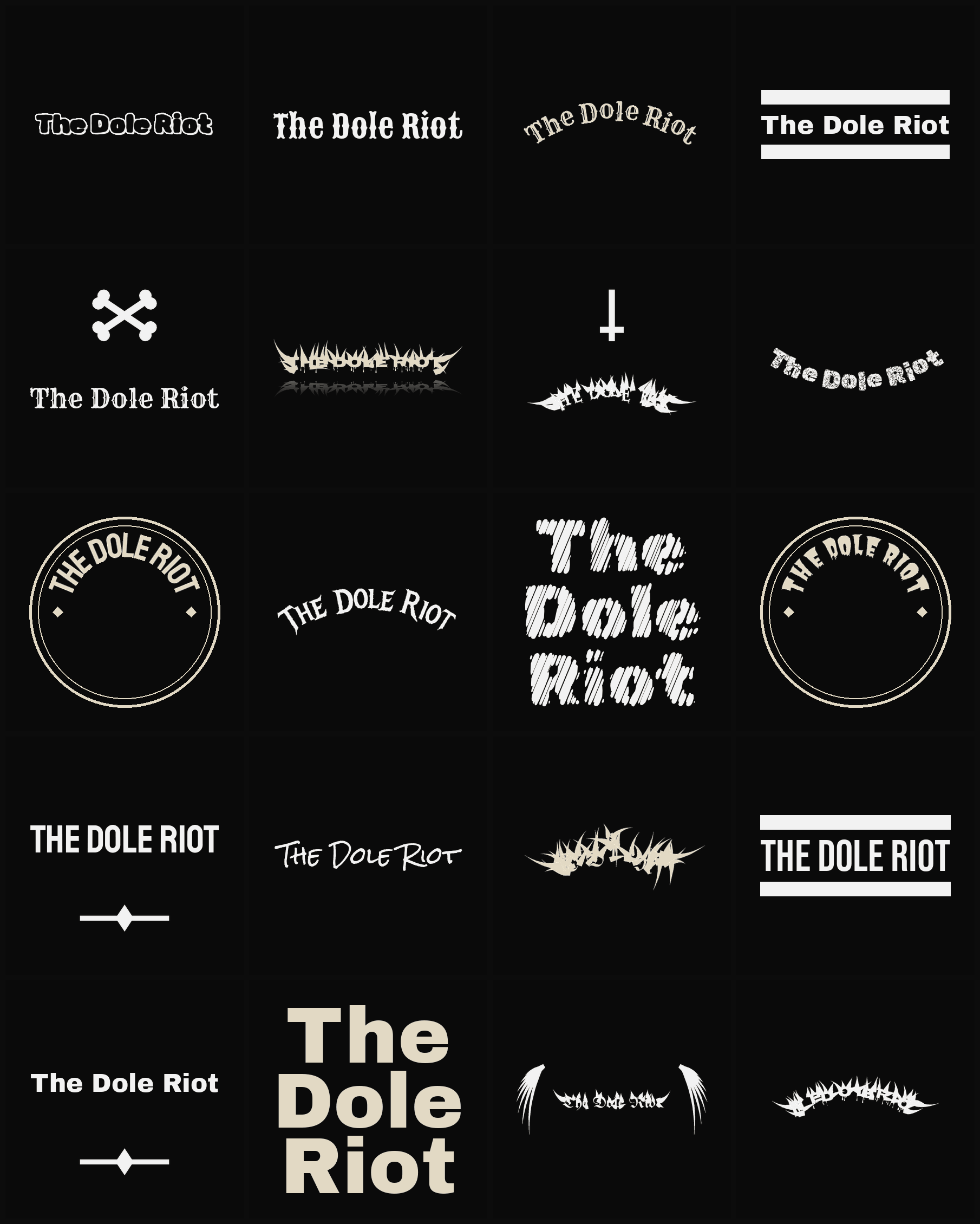 Twenty The Dole Riot band logo ideas — different faces, treatments and spike settings