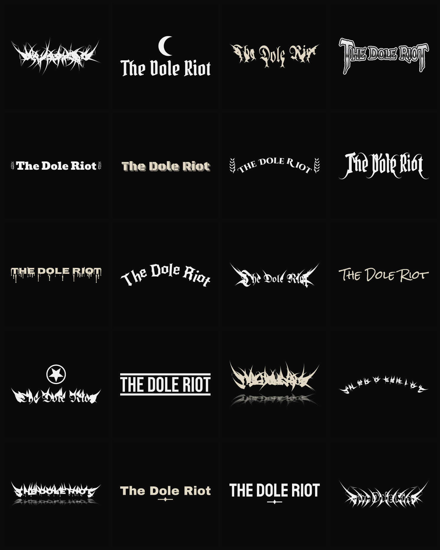 Twenty The Dole Riot band logo ideas — different faces, treatments and spike settings