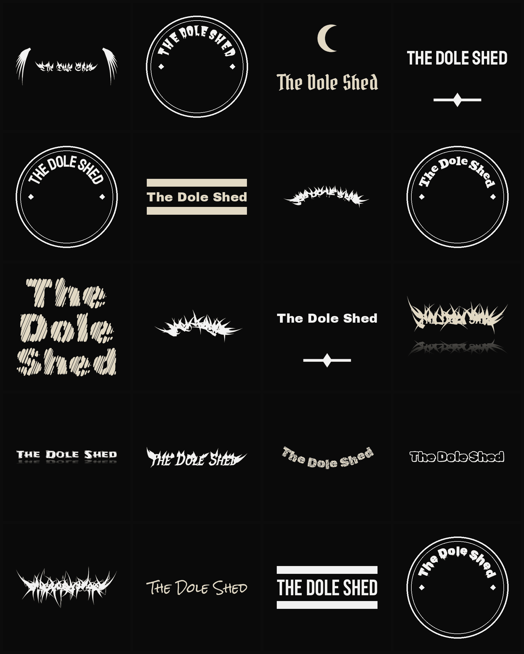 Twenty The Dole Shed band logo ideas — different faces, treatments and spike settings