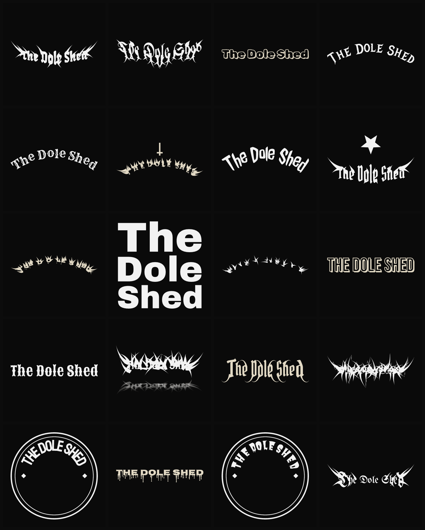 Twenty The Dole Shed band logo ideas — different faces, treatments and spike settings