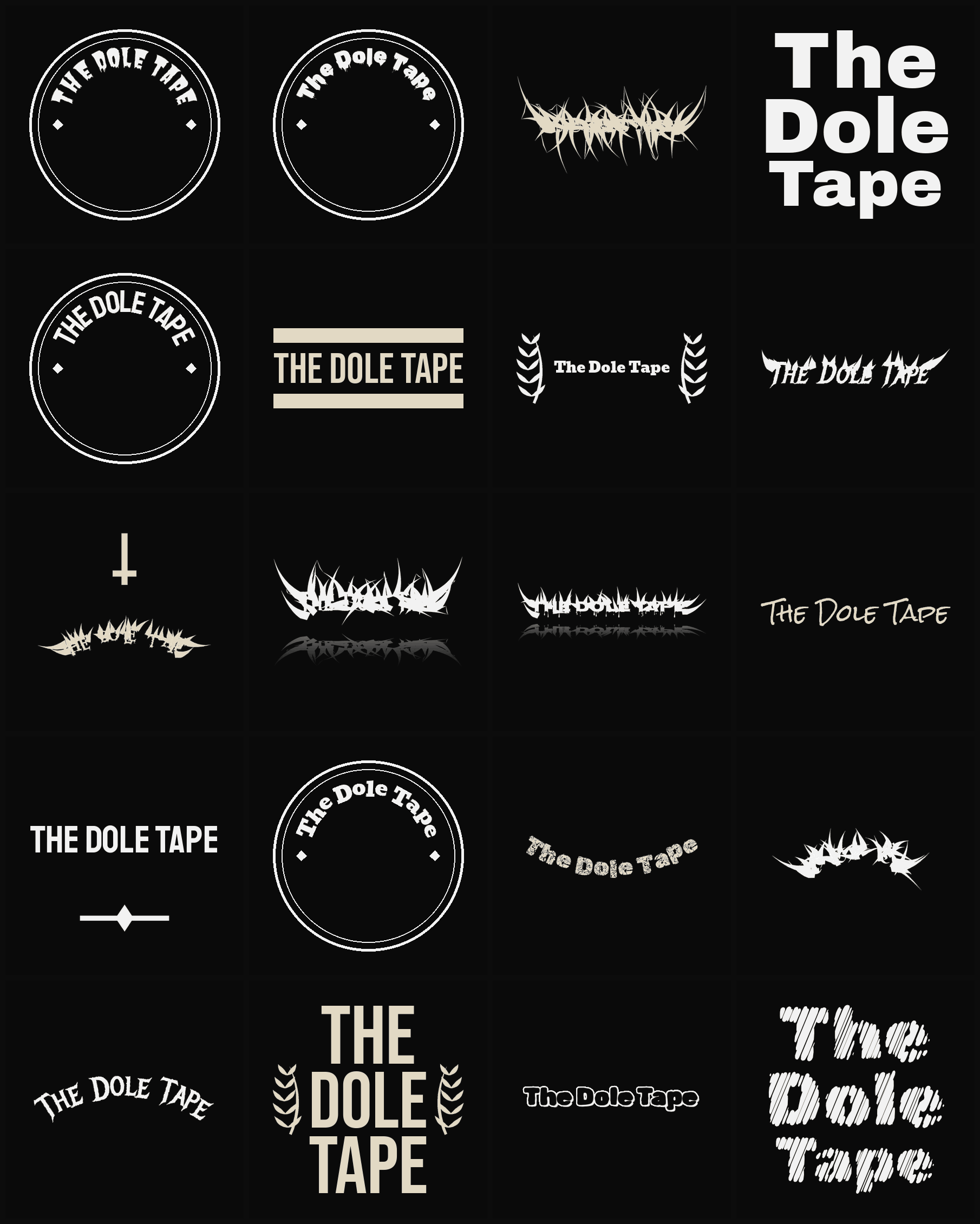 Twenty The Dole Tape band logo ideas — different faces, treatments and spike settings