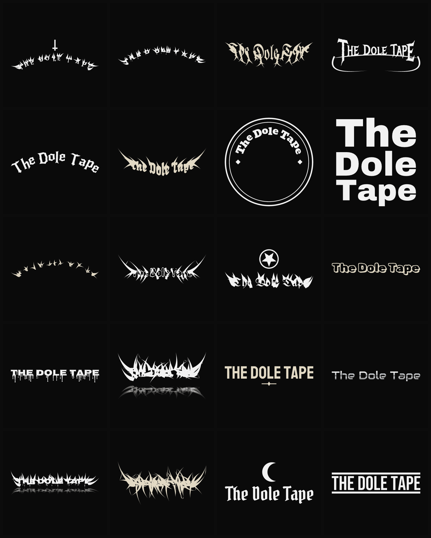 Twenty The Dole Tape band logo ideas — different faces, treatments and spike settings