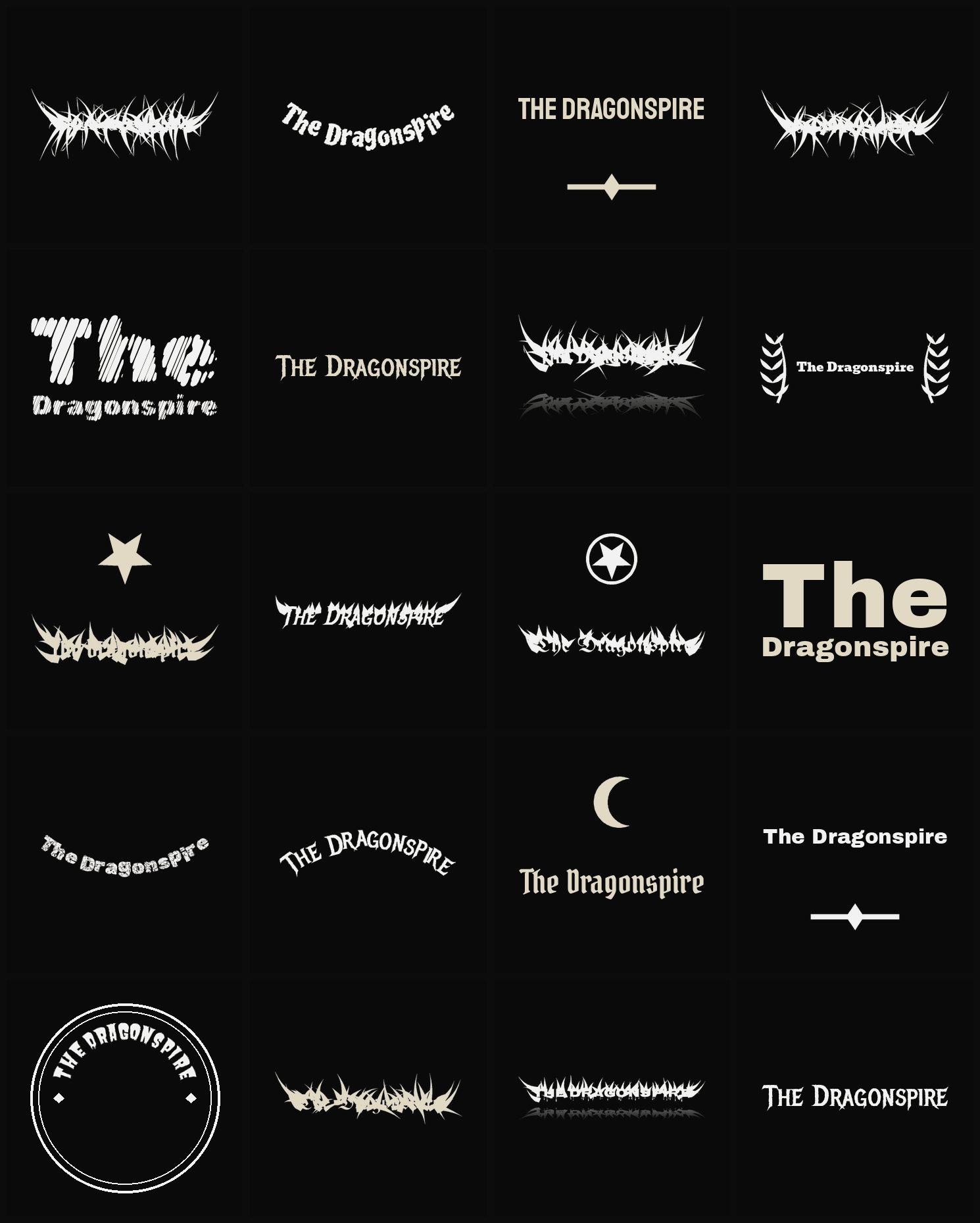 Twenty The Dragonspire band logo ideas — different faces, treatments and spike settings