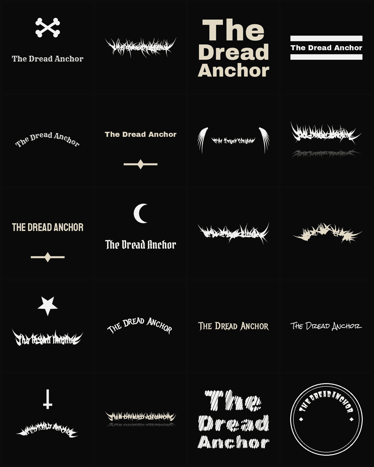 Twenty The Dread Anchor band logo ideas — different faces, treatments and spike settings