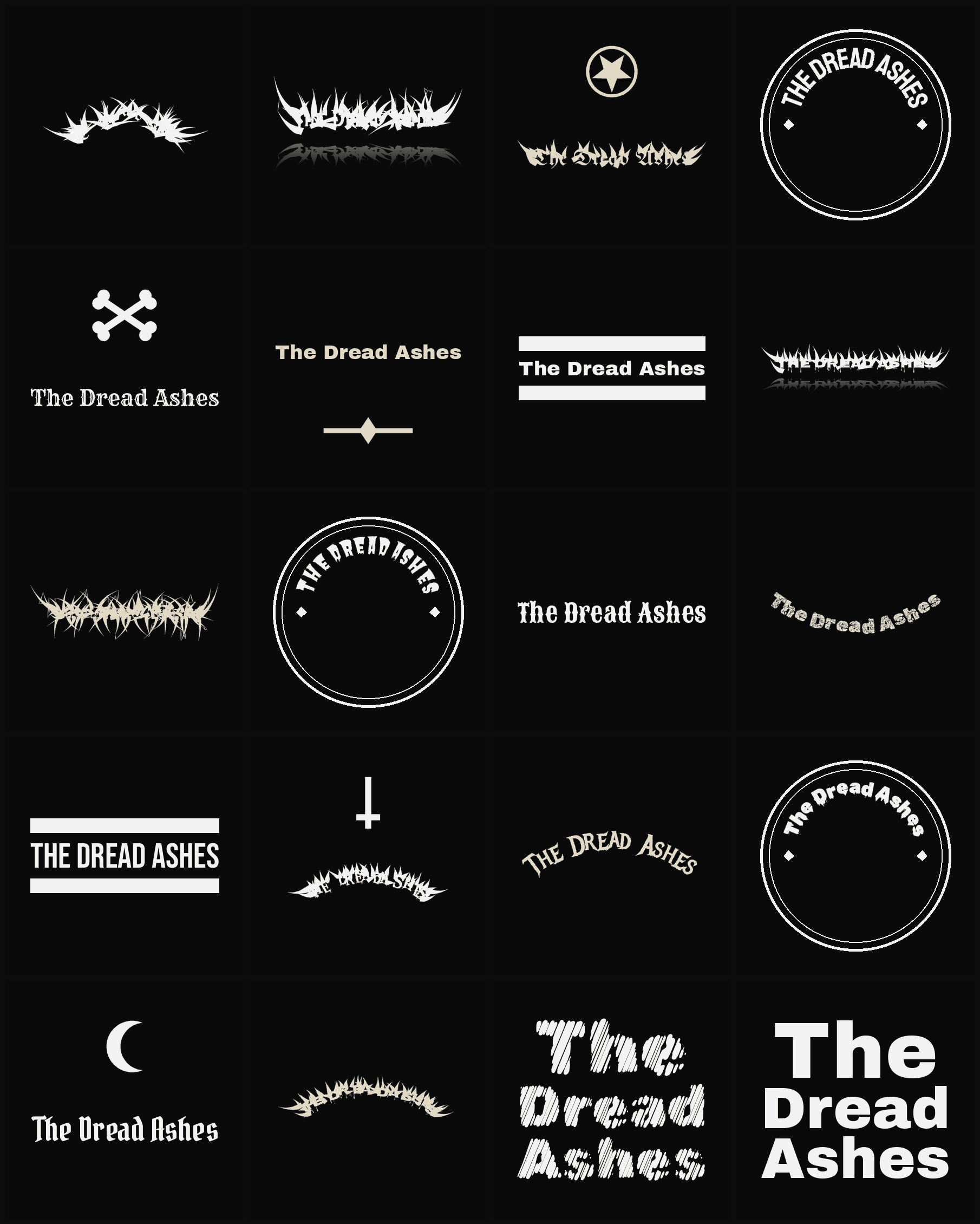 Twenty The Dread Ashes band logo ideas — different faces, treatments and spike settings