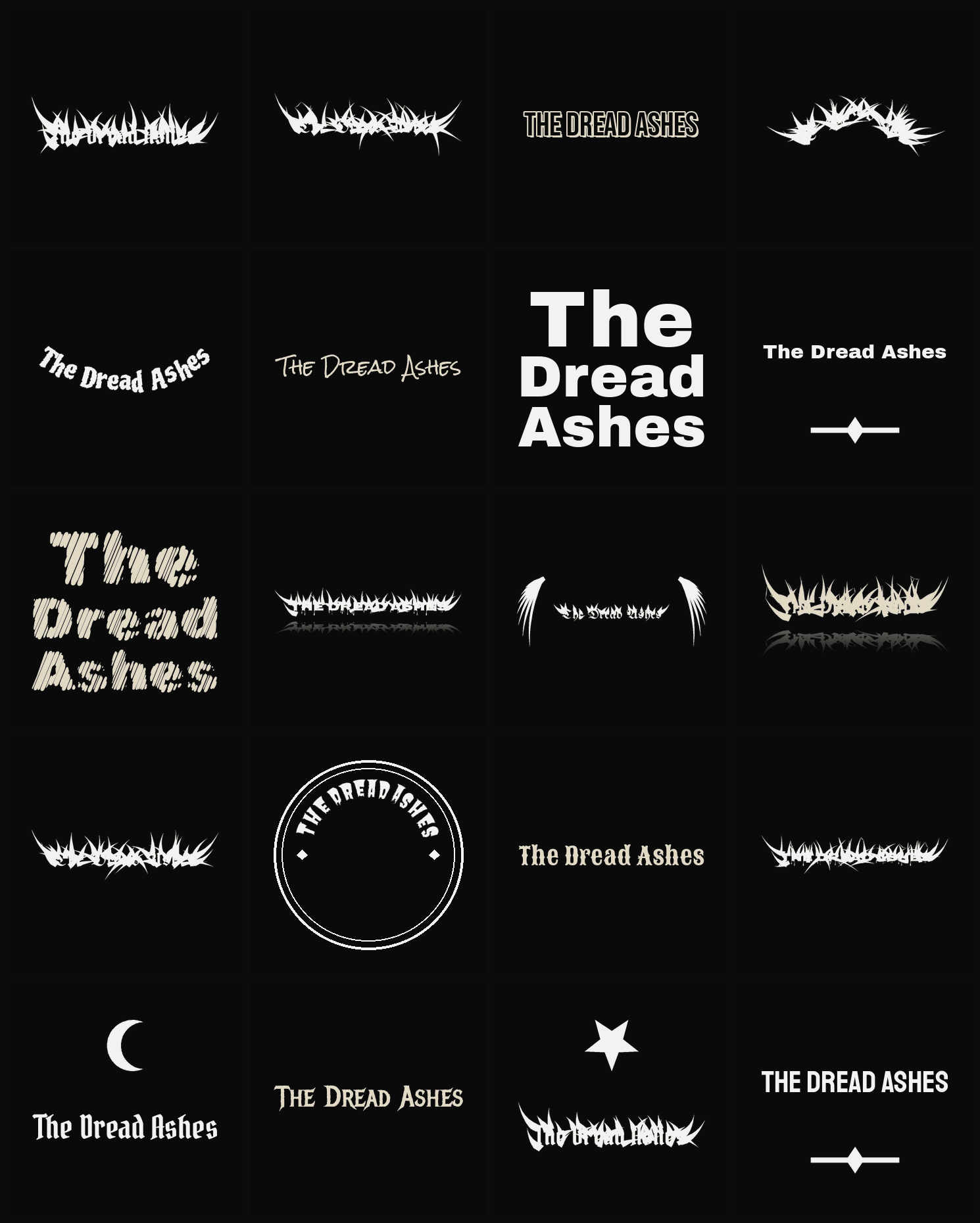 Twenty The Dread Ashes band logo ideas — different faces, treatments and spike settings