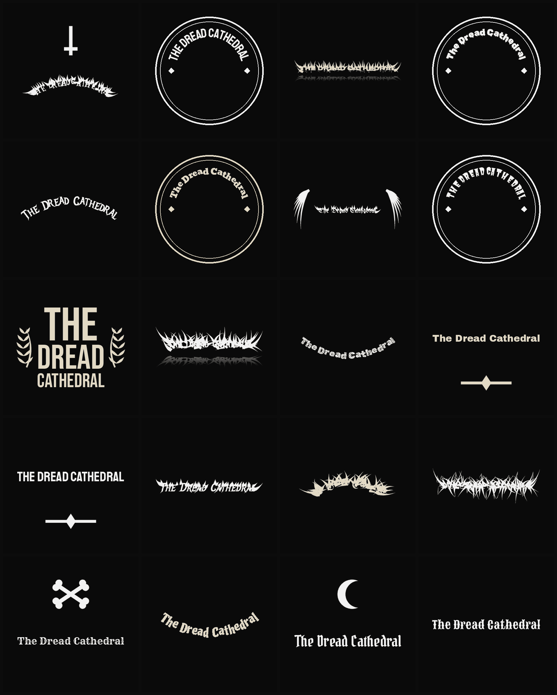 Twenty The Dread Cathedral band logo ideas — different faces, treatments and spike settings