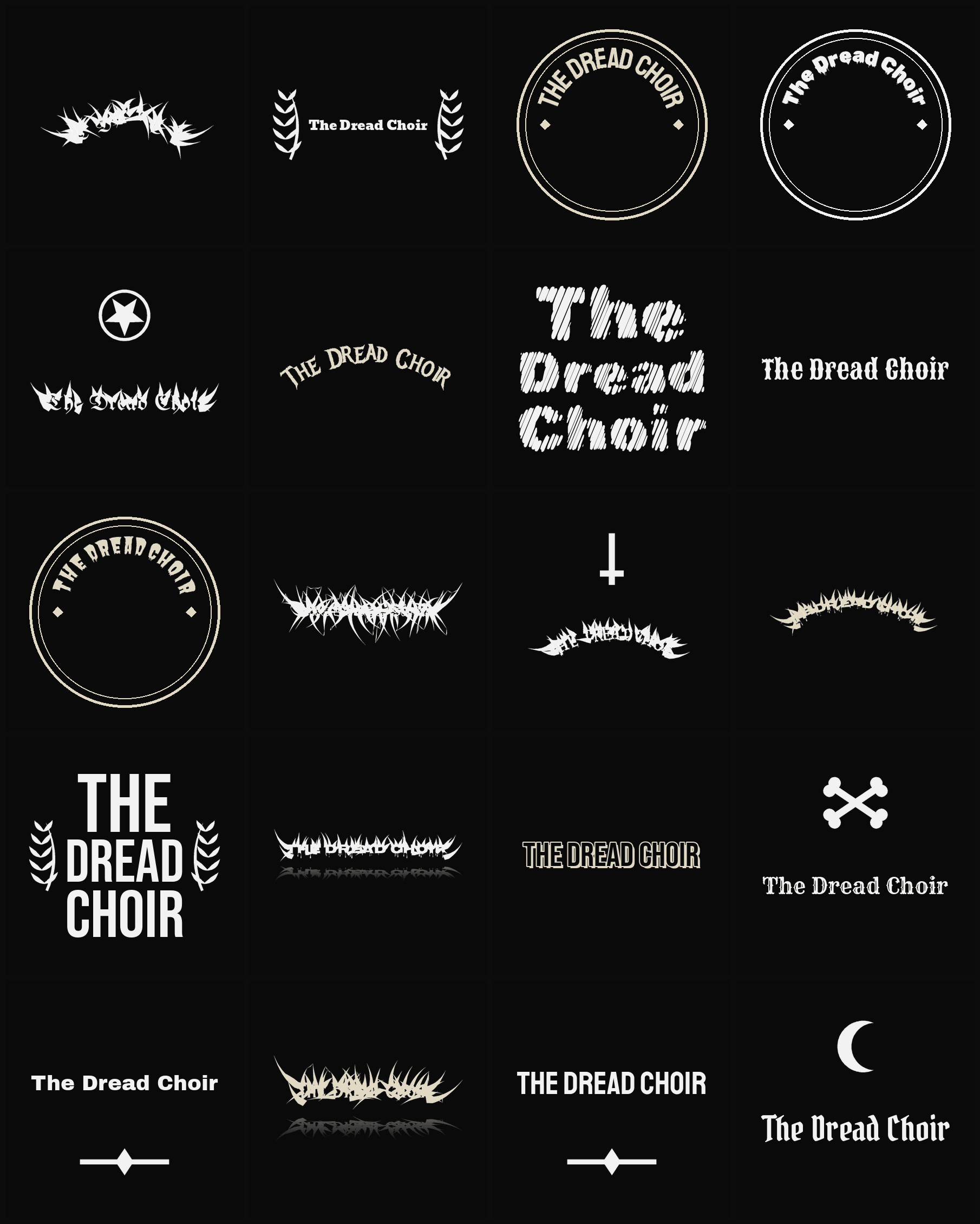 Twenty The Dread Choir band logo ideas — different faces, treatments and spike settings