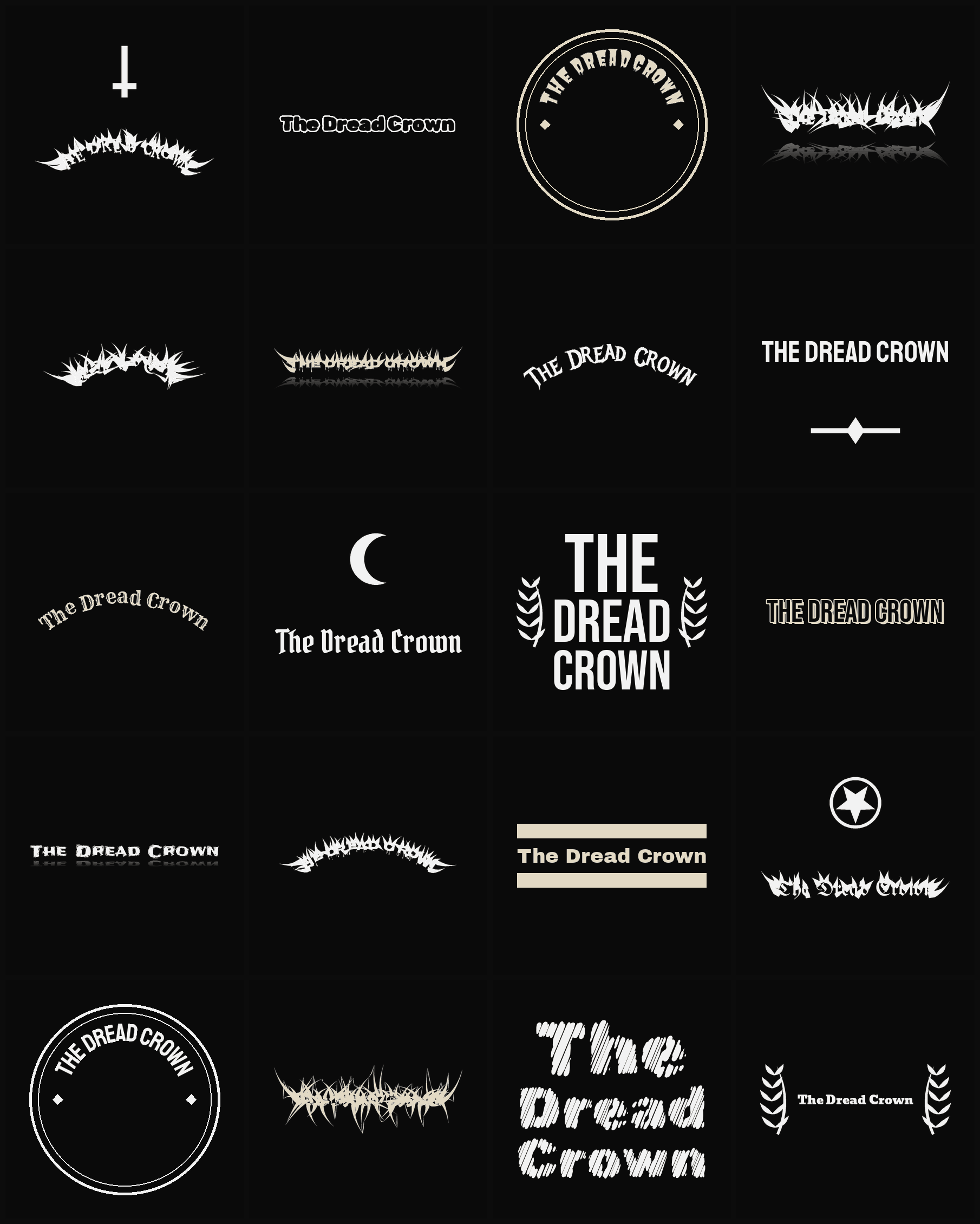 Twenty The Dread Crown band logo ideas — different faces, treatments and spike settings