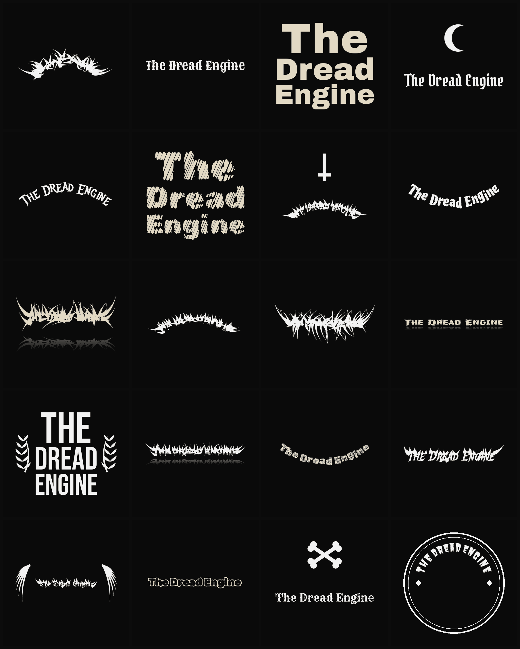 Twenty The Dread Engine band logo ideas — different faces, treatments and spike settings