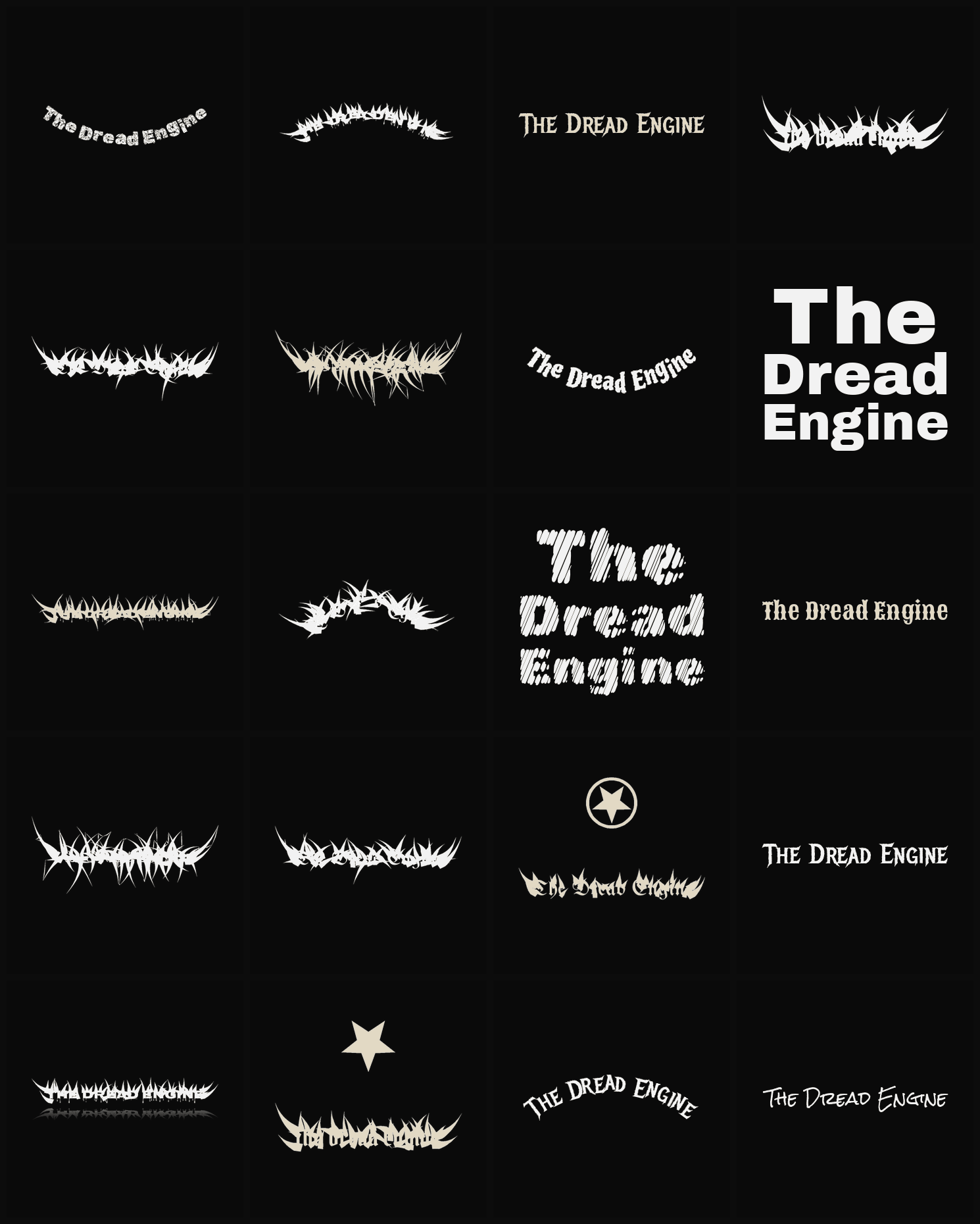 Twenty The Dread Engine band logo ideas — different faces, treatments and spike settings
