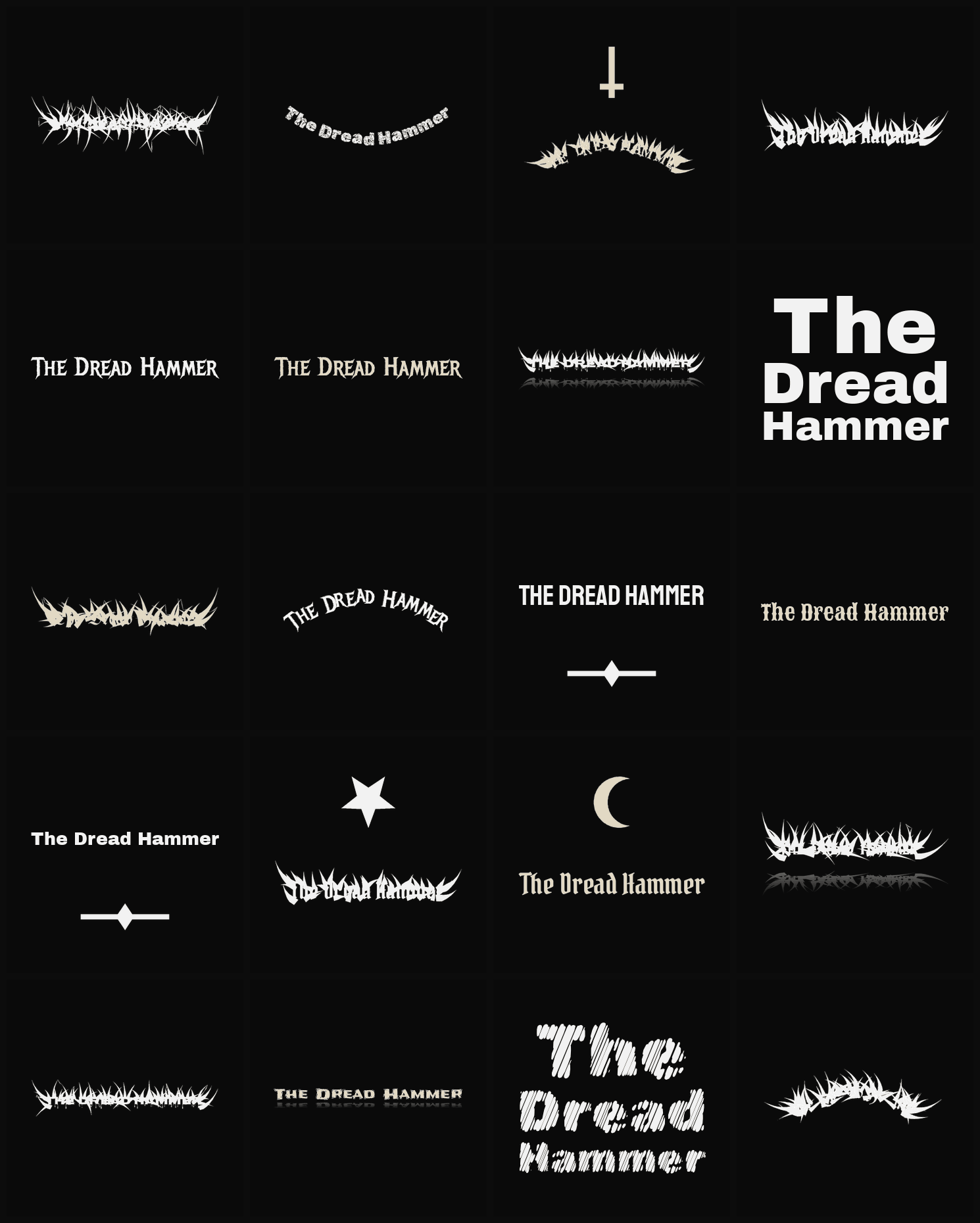 Twenty The Dread Hammer band logo ideas — different faces, treatments and spike settings