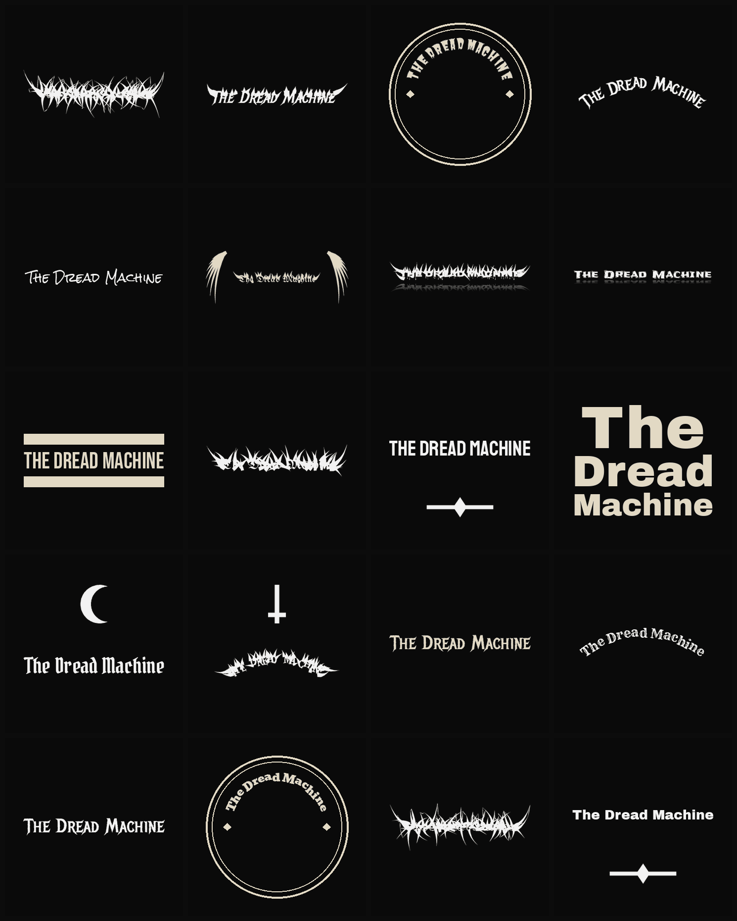 Twenty The Dread Machine band logo ideas — different faces, treatments and spike settings