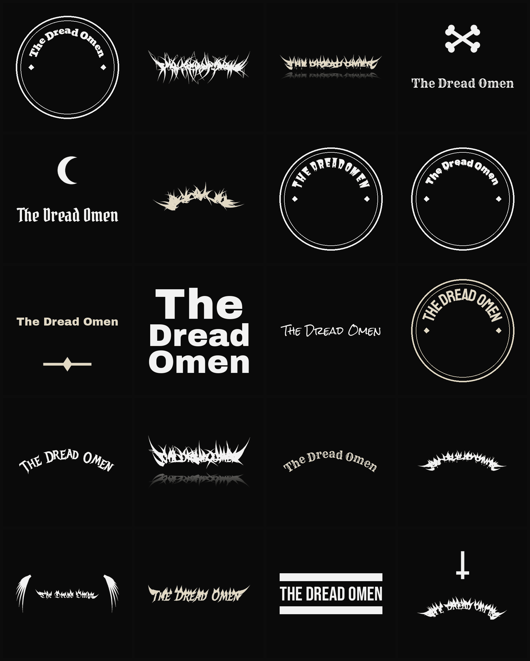 Twenty The Dread Omen band logo ideas — different faces, treatments and spike settings