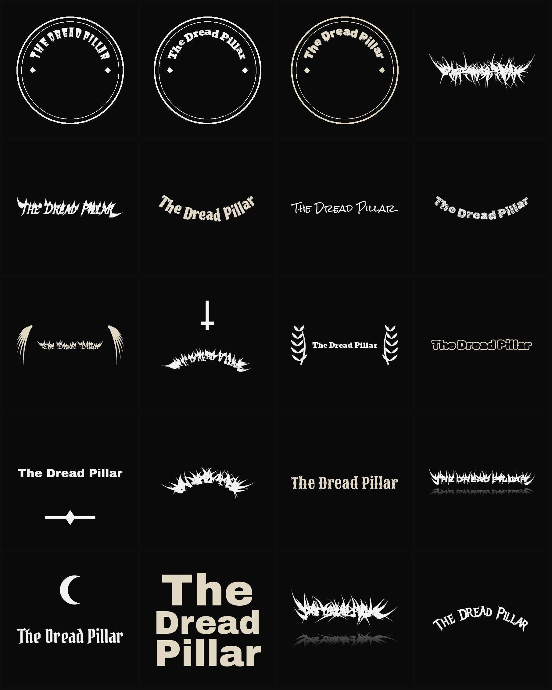 Twenty The Dread Pillar band logo ideas — different faces, treatments and spike settings
