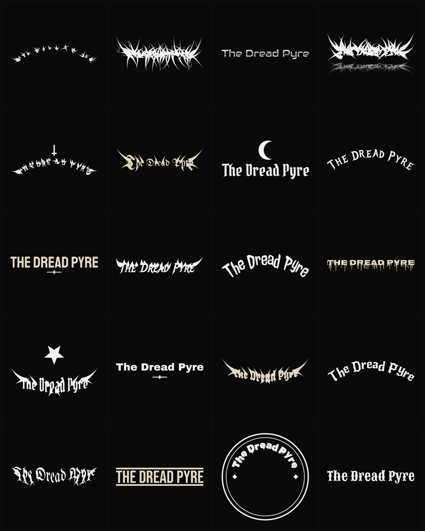 Twenty The Dread Pyre band logo ideas — different faces, treatments and spike settings