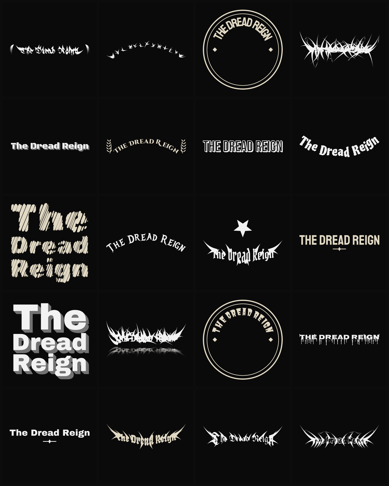 Twenty The Dread Reign band logo ideas — different faces, treatments and spike settings