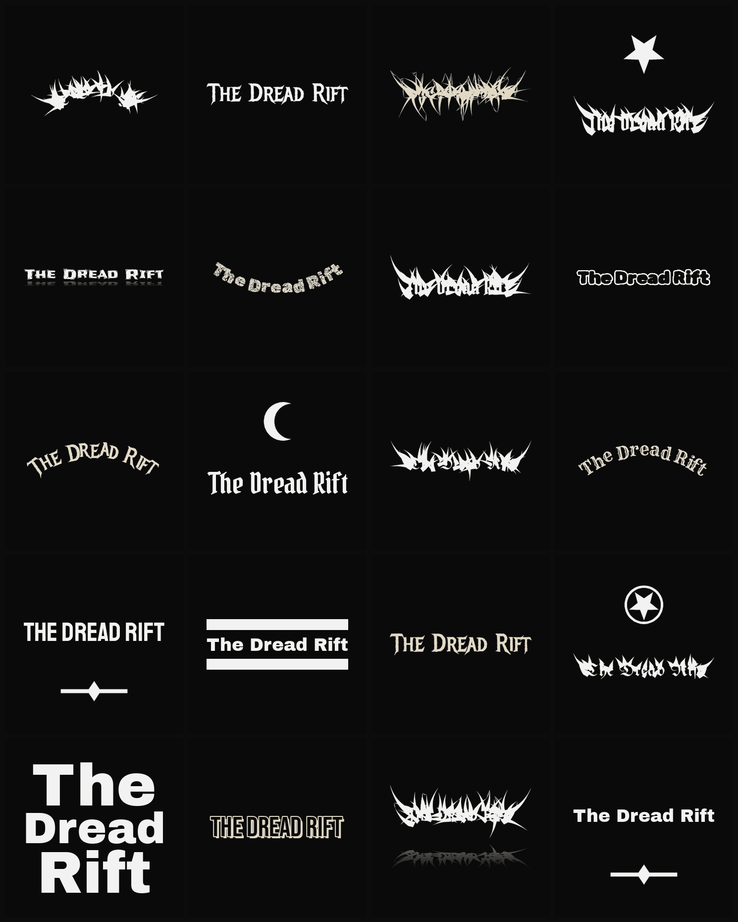 Twenty The Dread Rift band logo ideas — different faces, treatments and spike settings