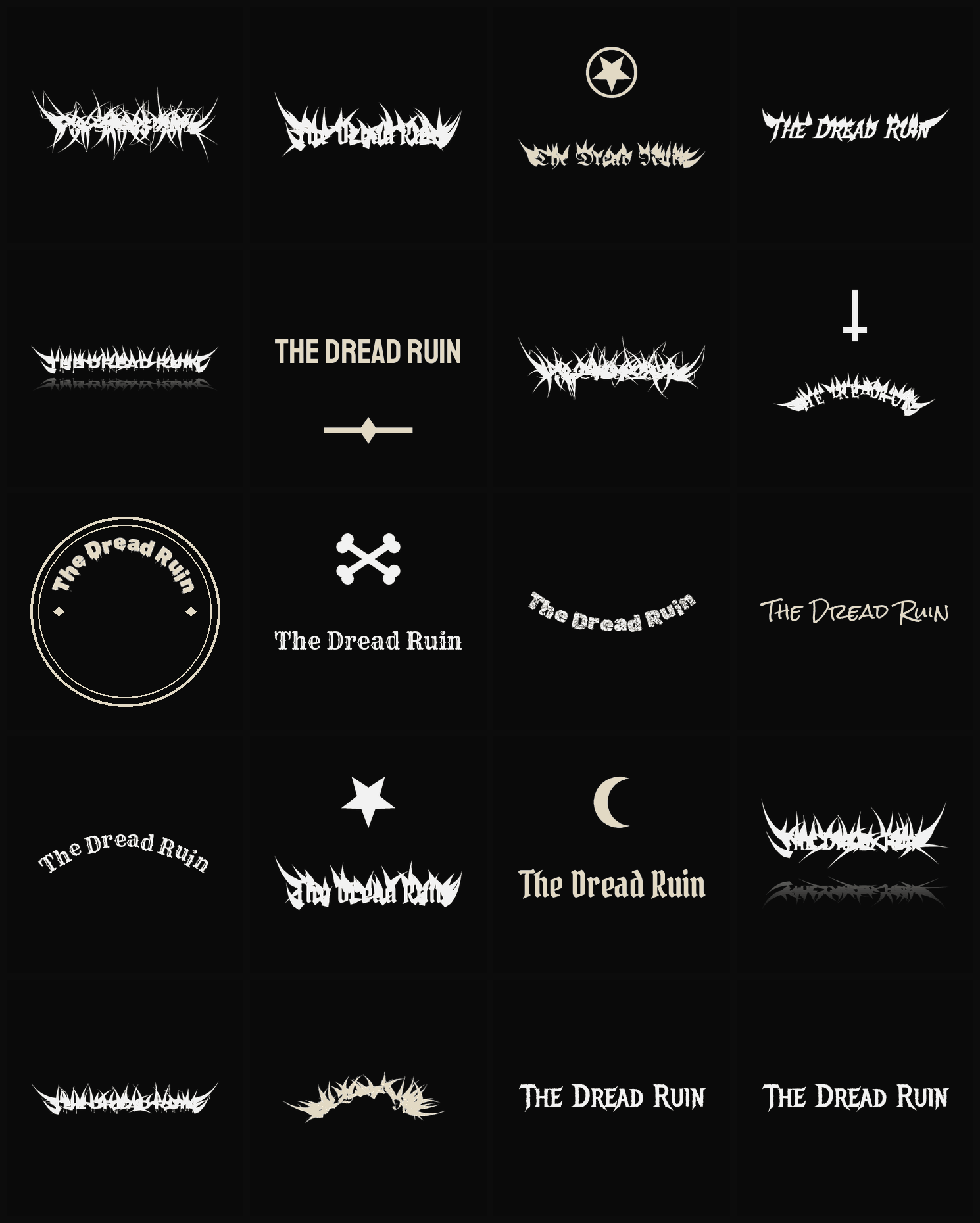 Twenty The Dread Ruin band logo ideas — different faces, treatments and spike settings