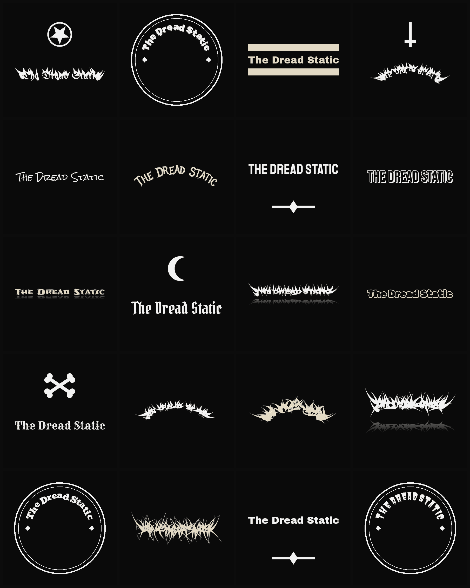 Twenty The Dread Static band logo ideas — different faces, treatments and spike settings
