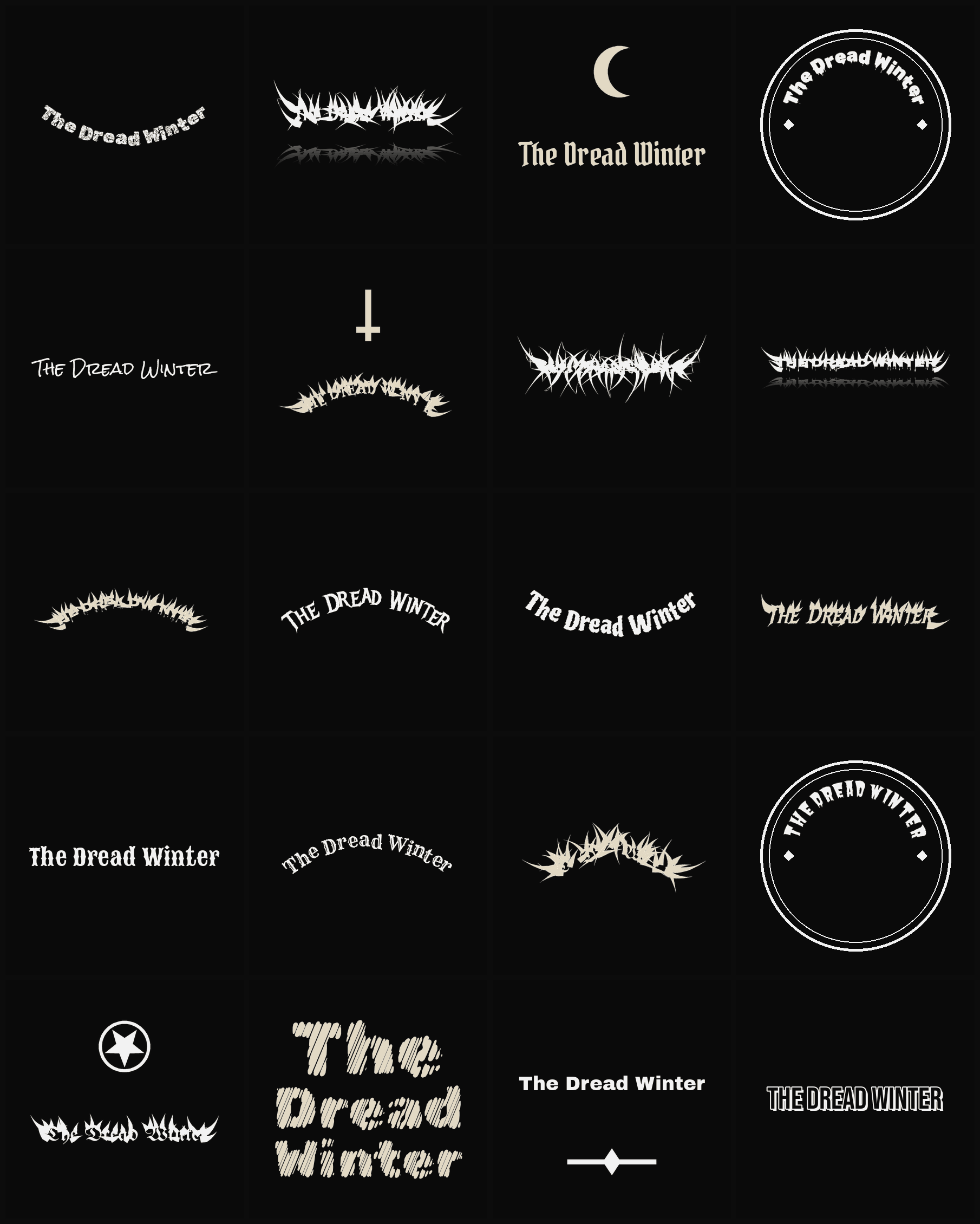 Twenty The Dread Winter band logo ideas — different faces, treatments and spike settings