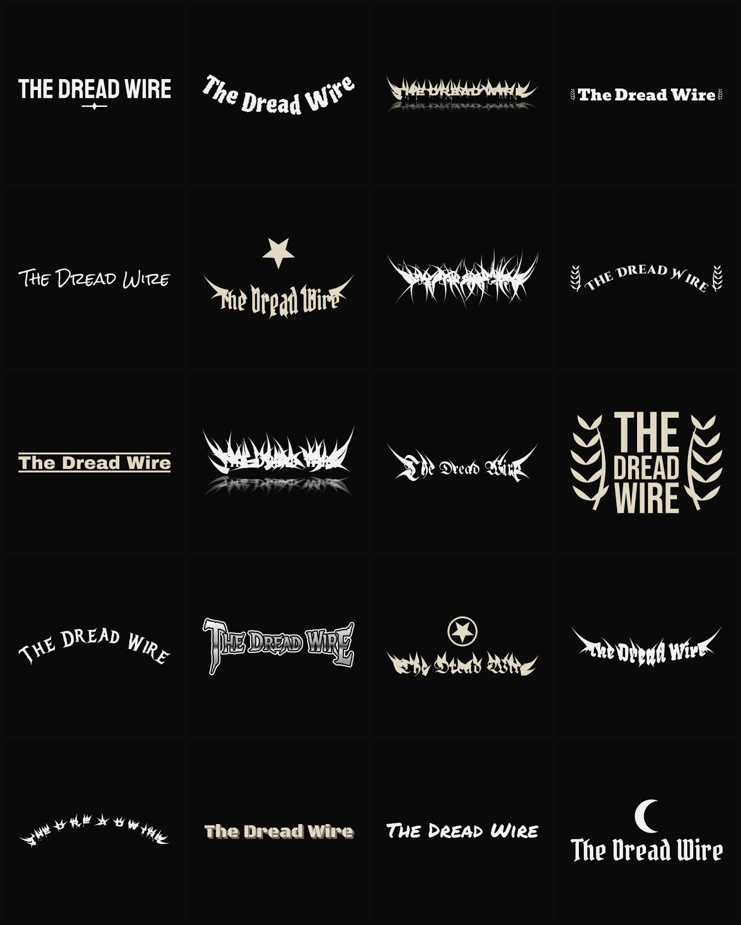Twenty The Dread Wire band logo ideas — different faces, treatments and spike settings