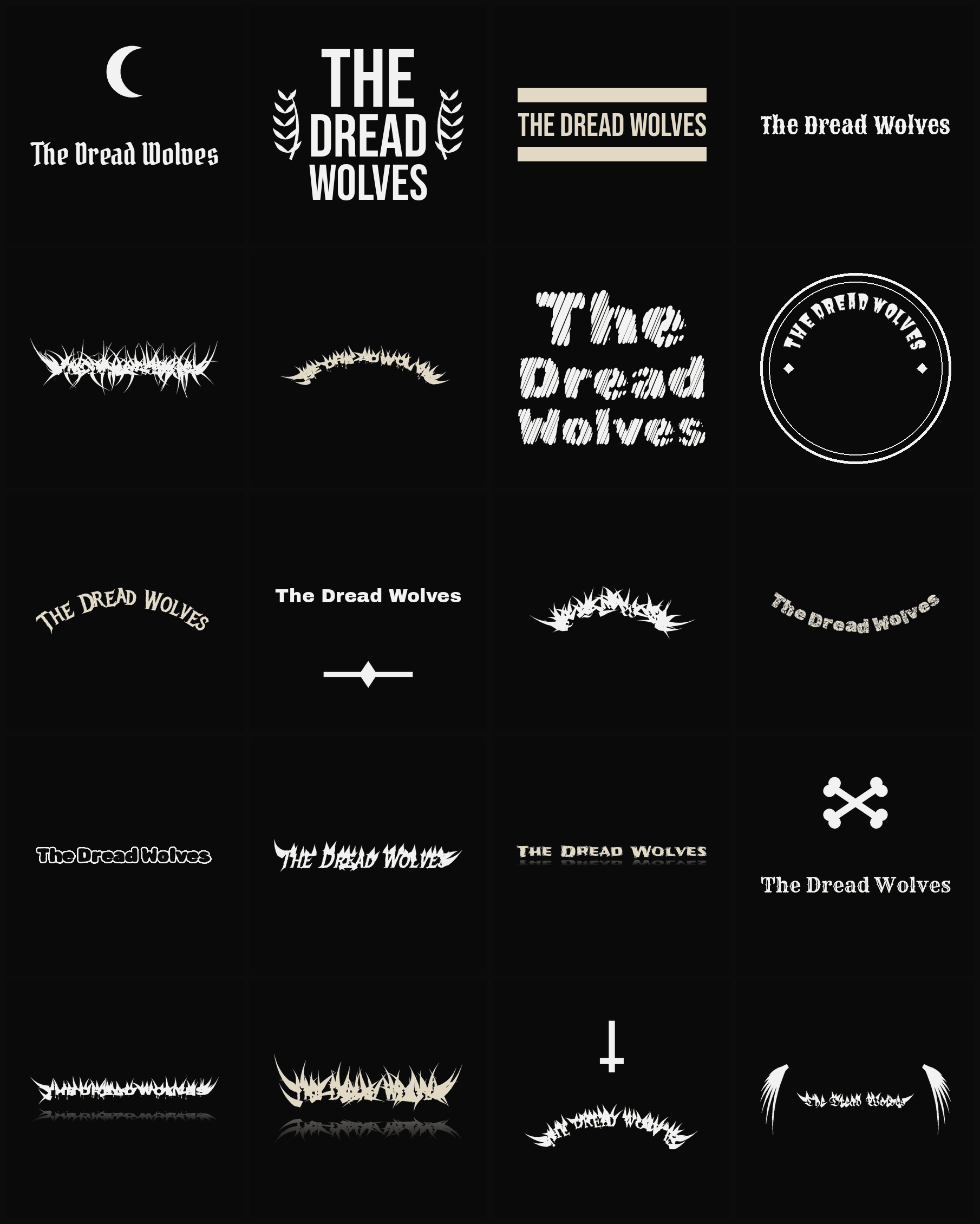 Twenty The Dread Wolves band logo ideas — different faces, treatments and spike settings