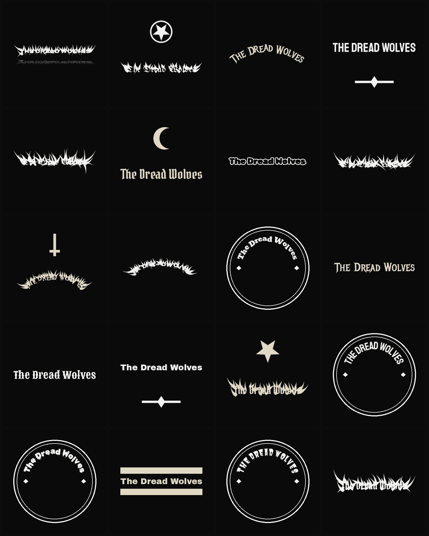 Twenty The Dread Wolves band logo ideas — different faces, treatments and spike settings