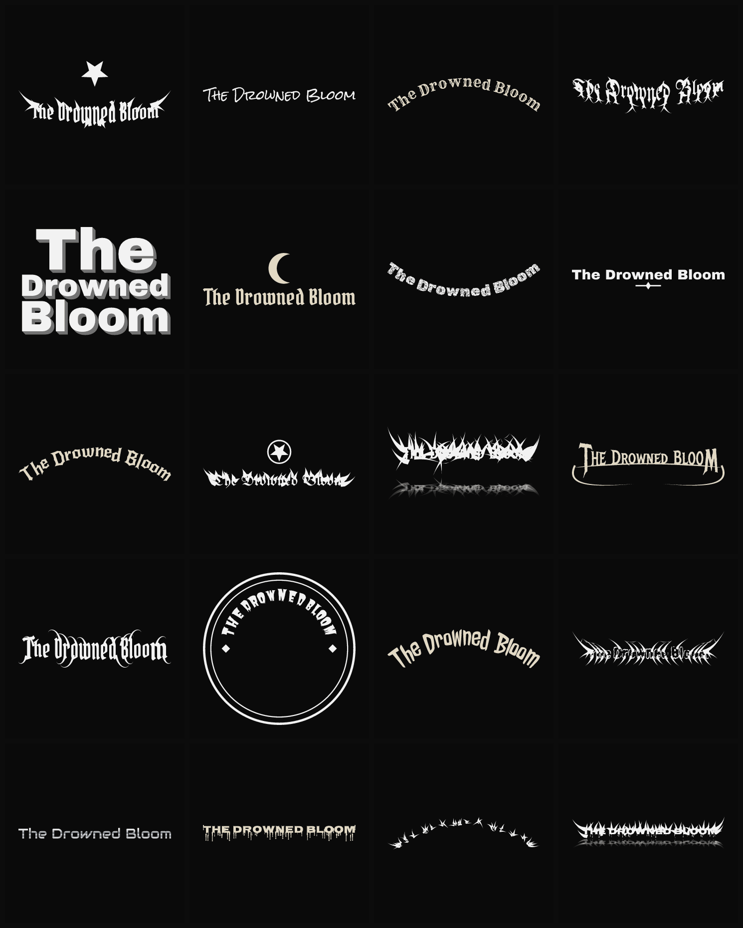 Twenty The Drowned Bloom band logo ideas — different faces, treatments and spike settings