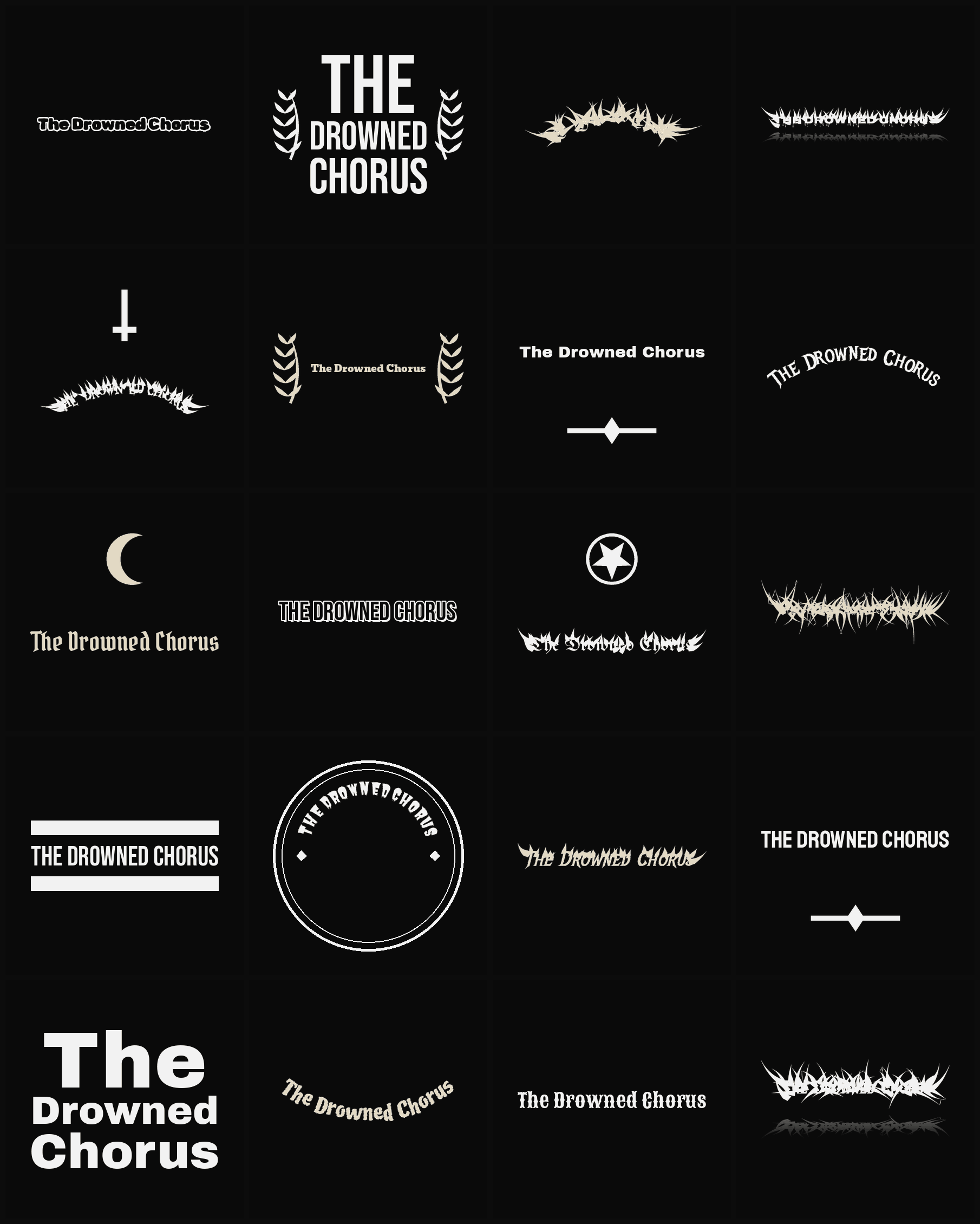 Twenty The Drowned Chorus band logo ideas — different faces, treatments and spike settings