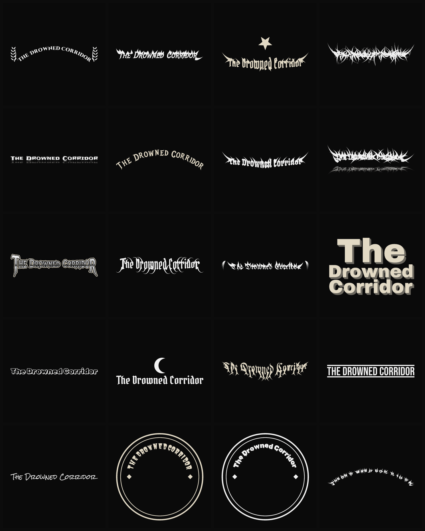 Twenty The Drowned Corridor band logo ideas — different faces, treatments and spike settings