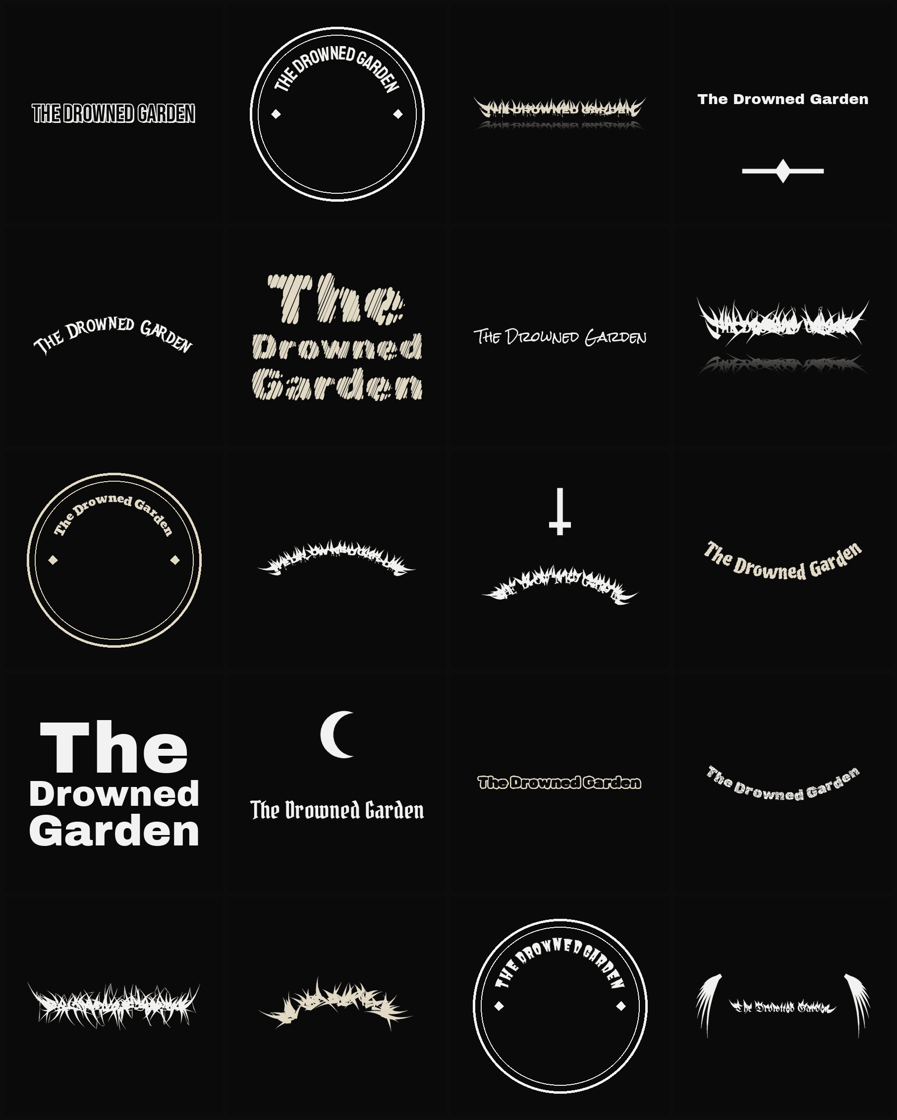 Twenty The Drowned Garden band logo ideas — different faces, treatments and spike settings