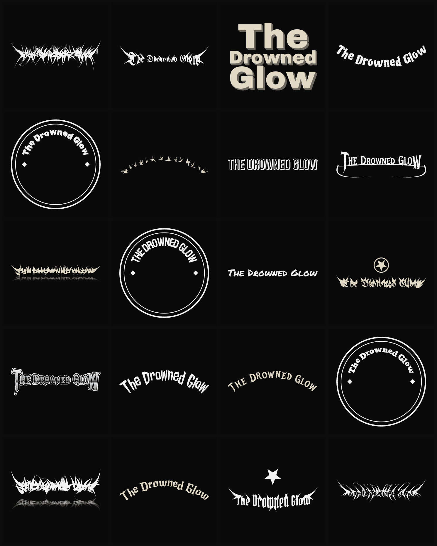Twenty The Drowned Glow band logo ideas — different faces, treatments and spike settings