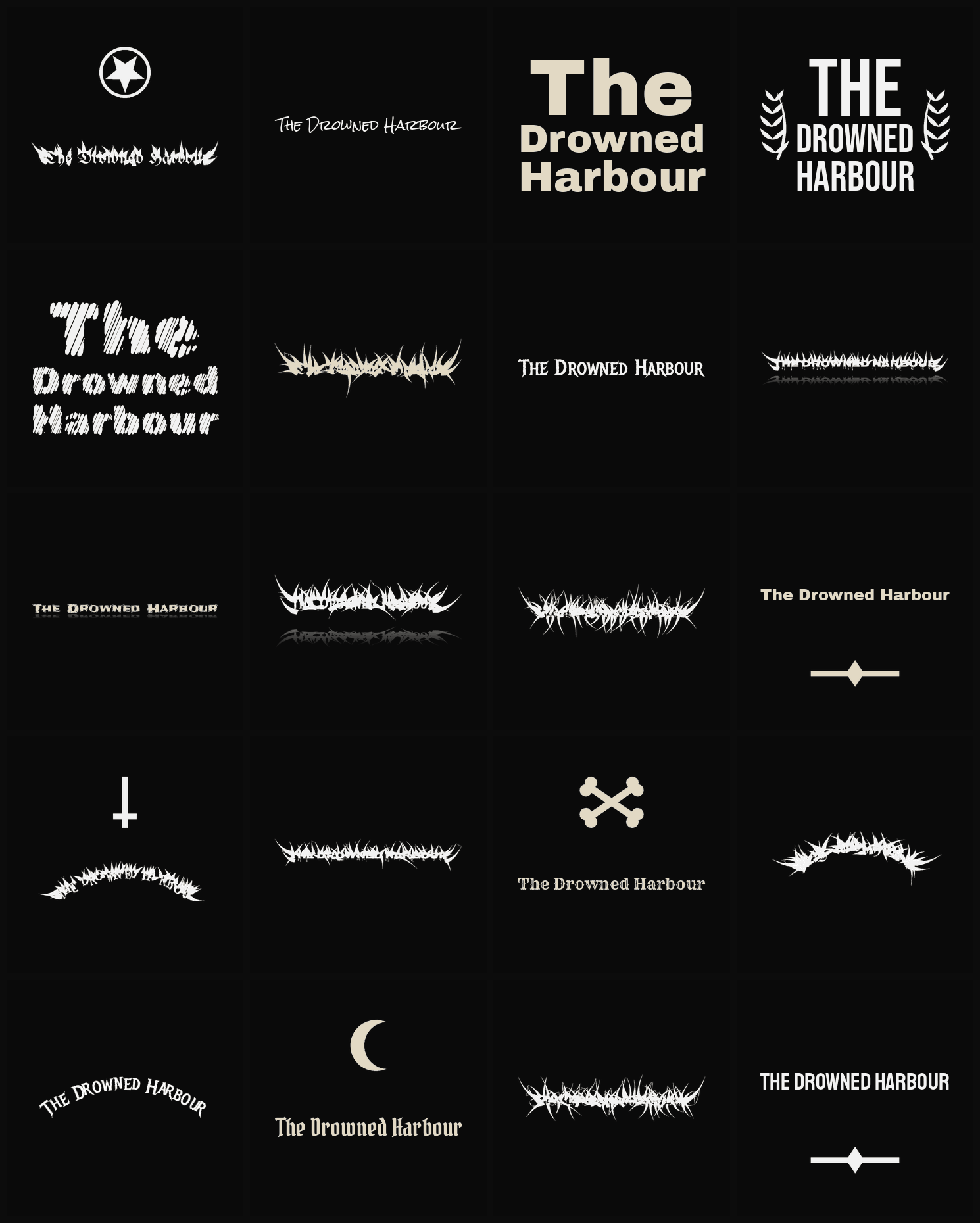 Twenty The Drowned Harbour band logo ideas — different faces, treatments and spike settings