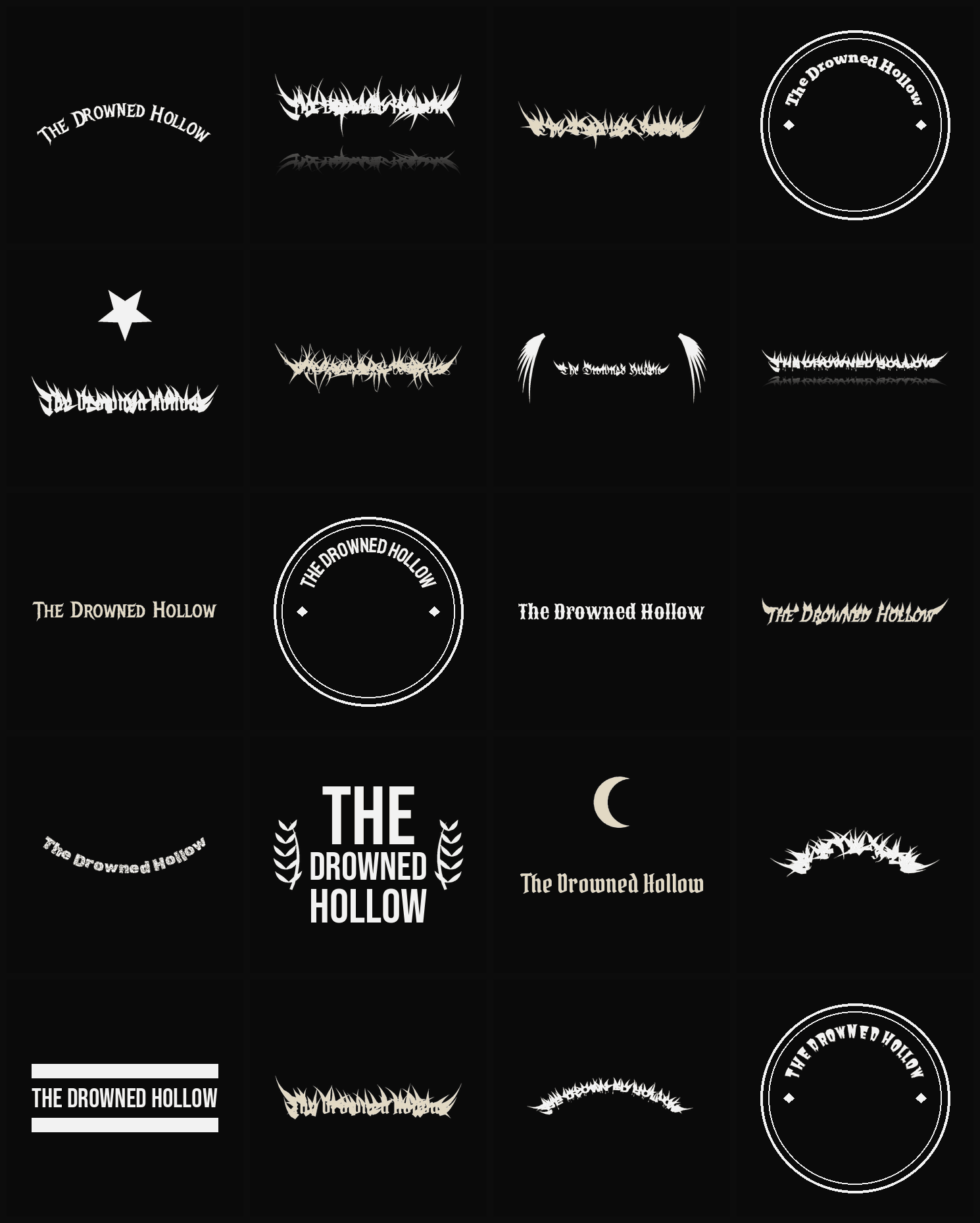 Twenty The Drowned Hollow band logo ideas — different faces, treatments and spike settings