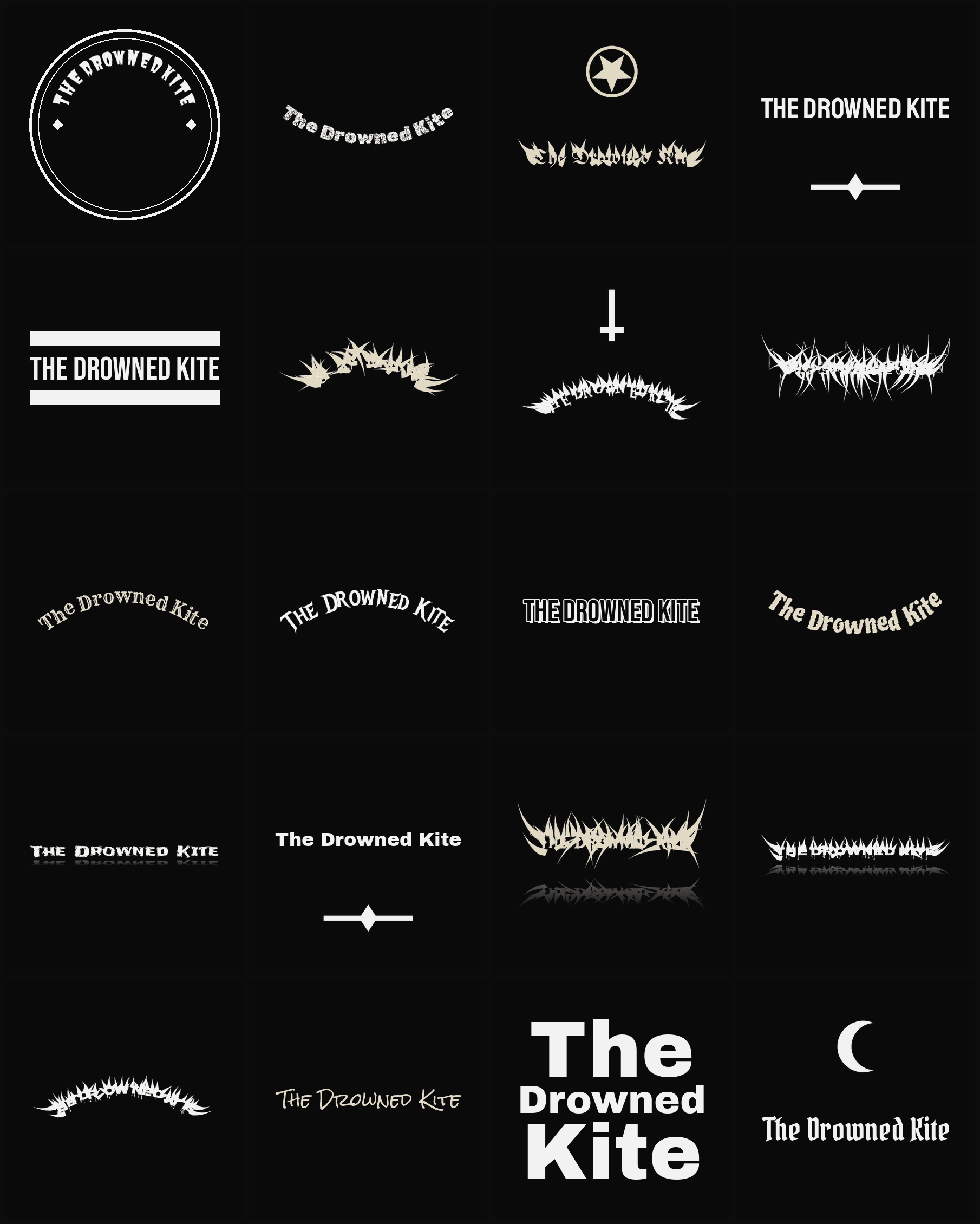 Twenty The Drowned Kite band logo ideas — different faces, treatments and spike settings