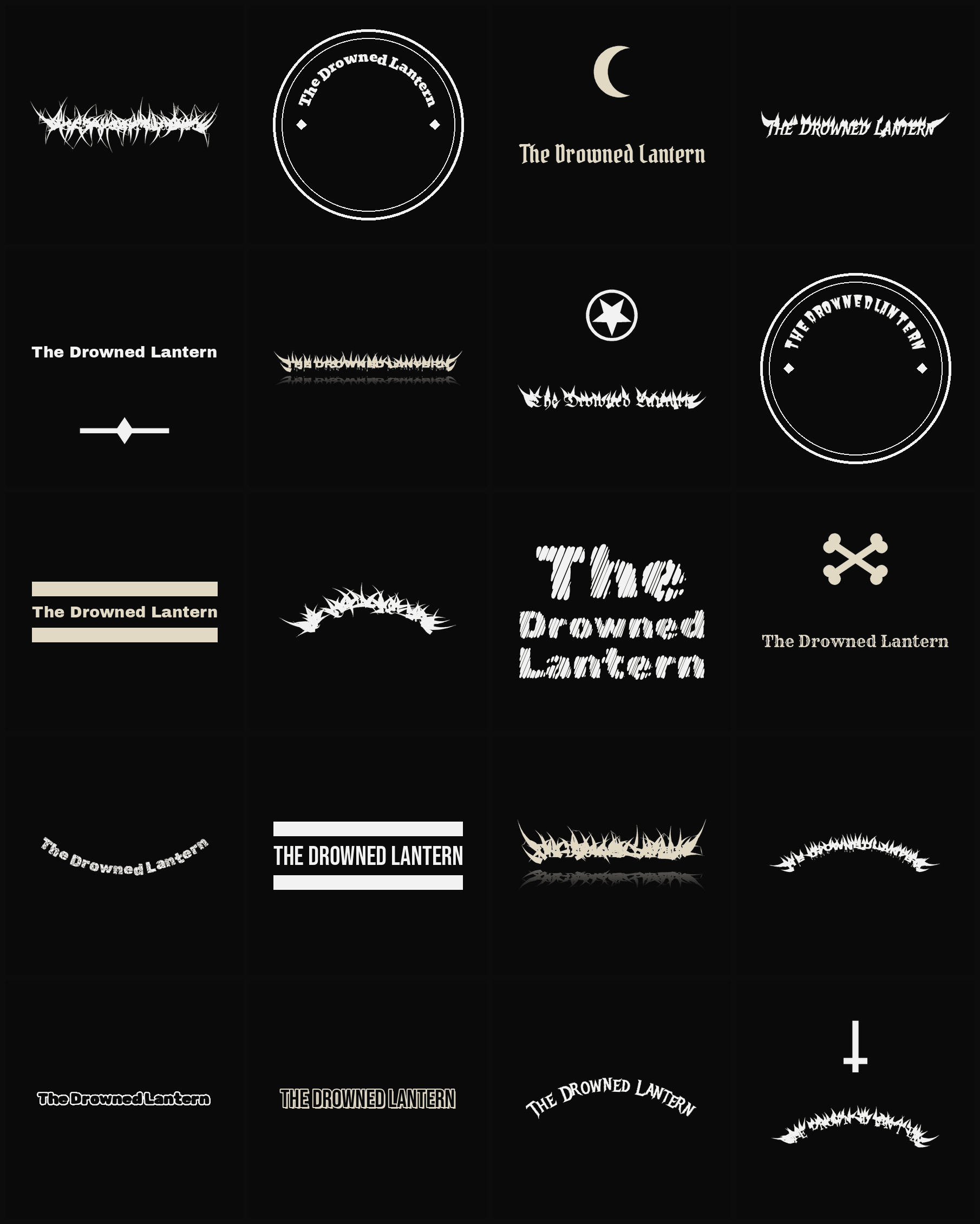 Twenty The Drowned Lantern band logo ideas — different faces, treatments and spike settings